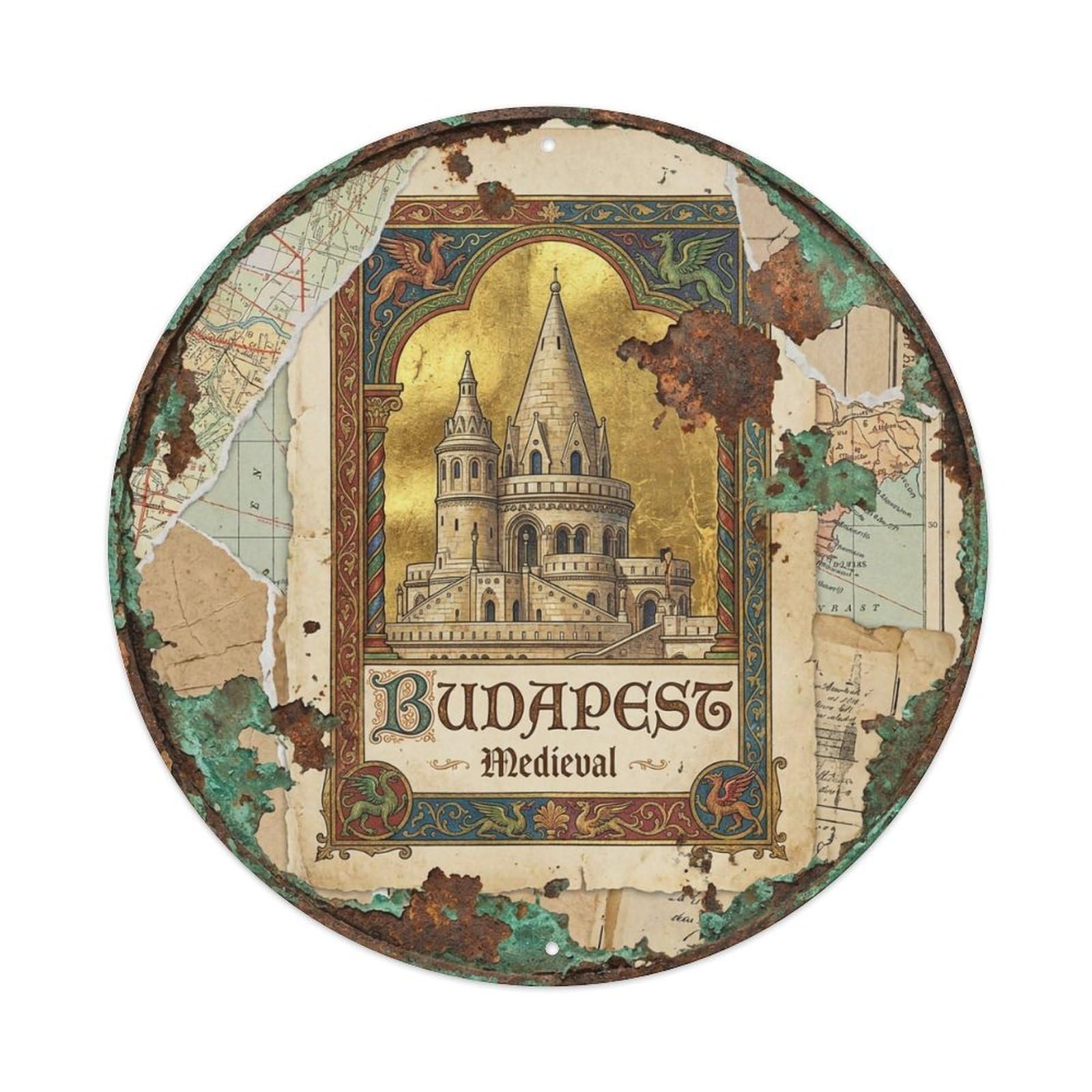 Vintage Travel Budapest Hungary Medieval Vintage Metal Tin Sign Plaque