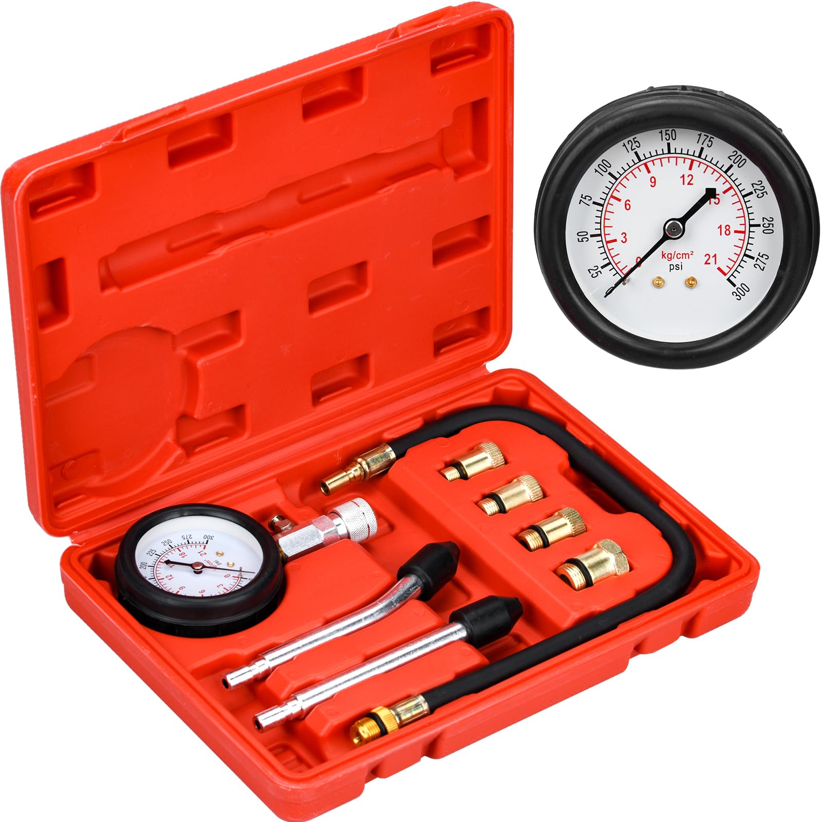 Testeur de Compression de Cylindre, Compressiomètre pour Moteurs à Essence, 0-20 bar & 0-300 psi avec 4 Adaptateurs M10 M12 M14 M18 (Rouge)
