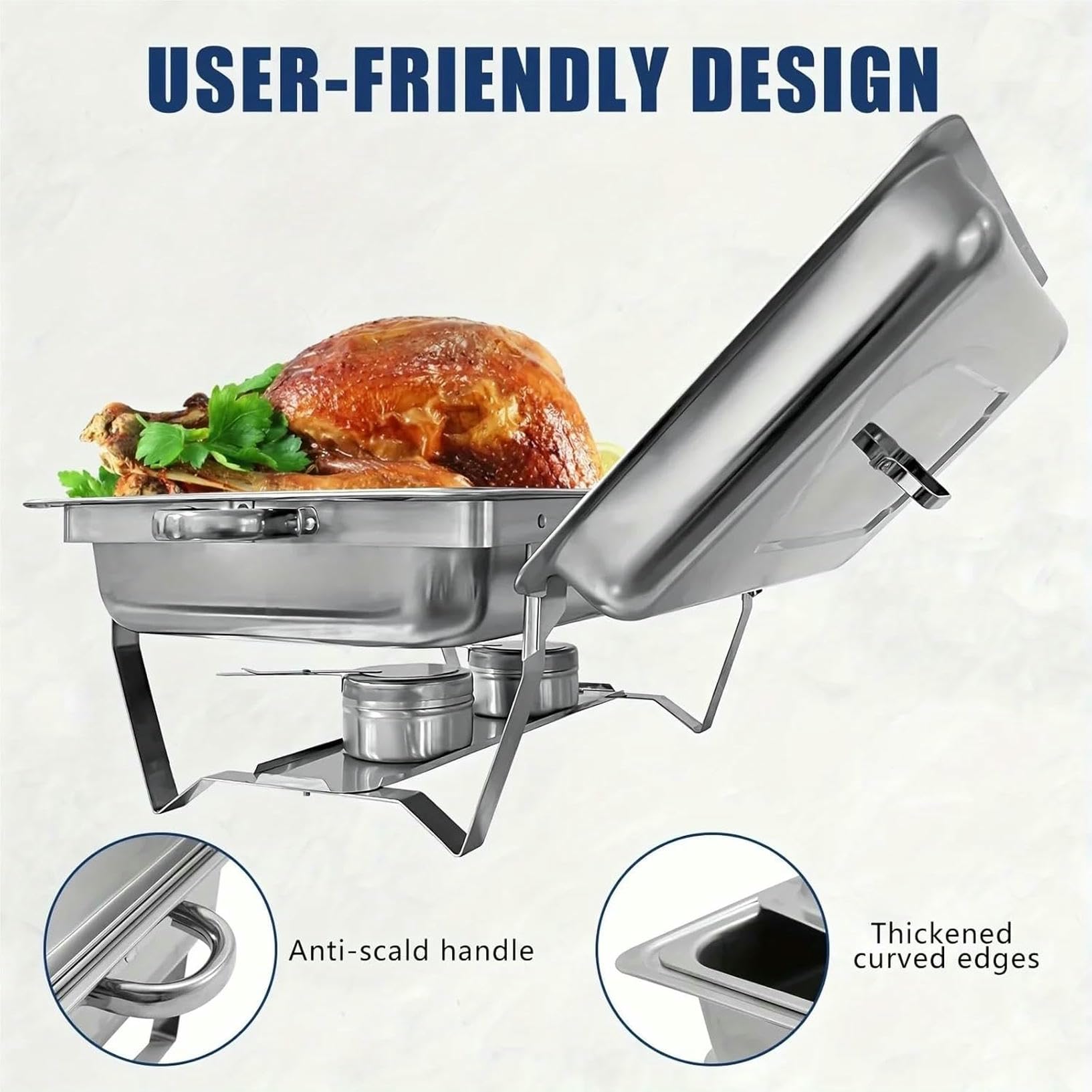 Juego de 4 platos de acero inoxidable de 8 cuartos de galón, calentador de alimentos con bandeja de agua y soporte de combustible, ideal para catering, fiestas, eventos y bufés al aire libre