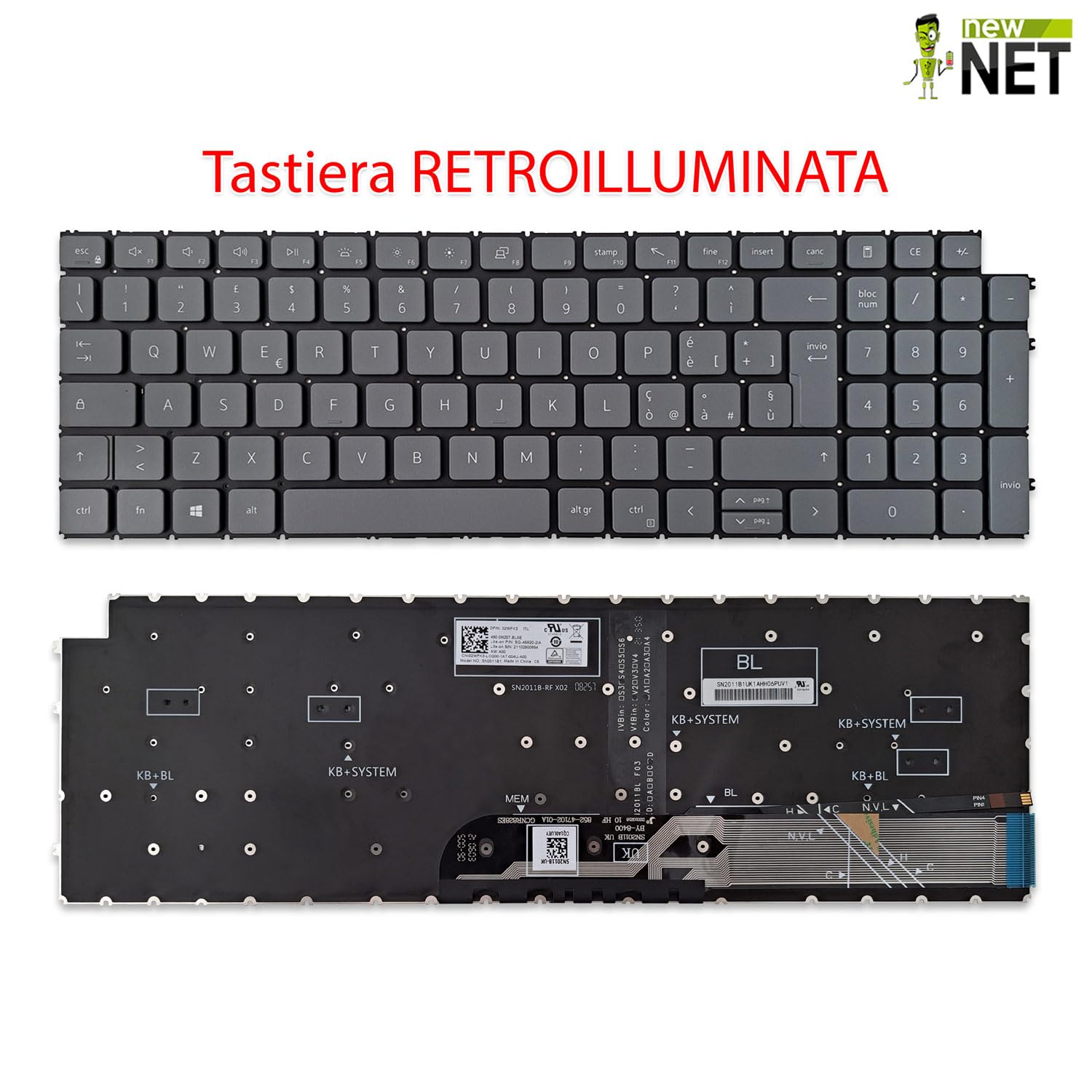 Tastiera compatibile per Notebook Dell Vostro 15 3510 3515 5510 5515 7510 16 7620 Latitude 3520 Retroilluminata Layout ITA Grigio