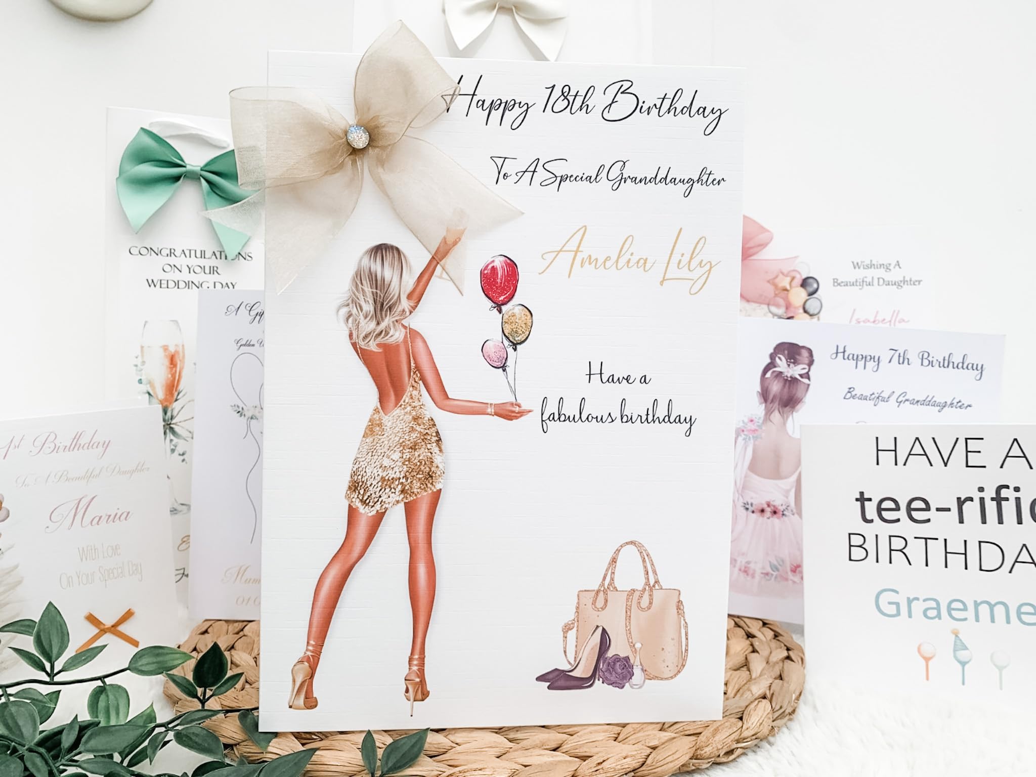 Large A4 Luxury Birthday Card for Her – Personalised, Elegant Design with Organza Bow, 16th, 18th, 21st, 30th, 40th