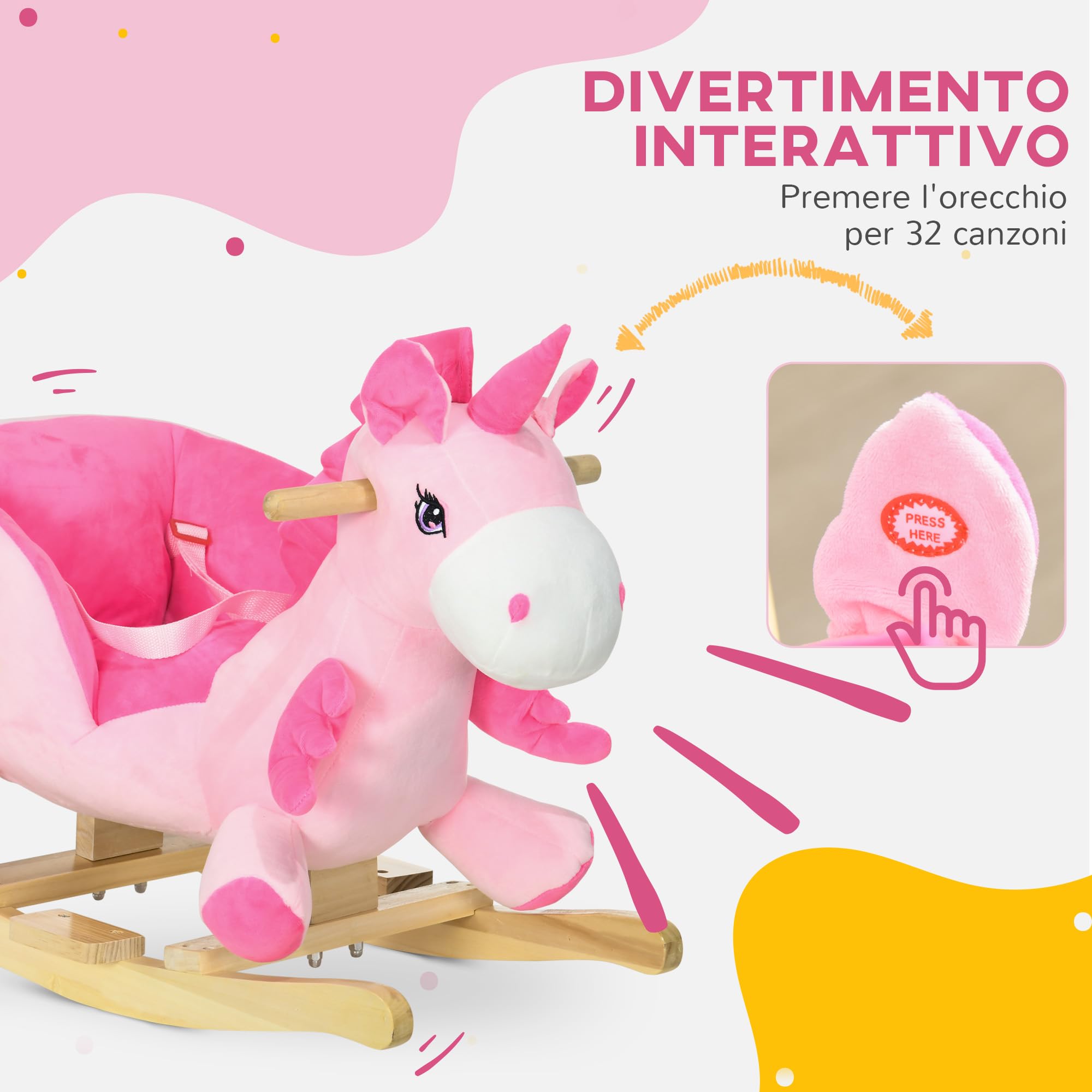 HOMCOM Cavallo a Dondolo con 32 Canzoni, Unicorno a Dondolo in Peluche con Base in Legno e Cintura di Sicurezza per Bambini da 18-36 Mesi, Rosa