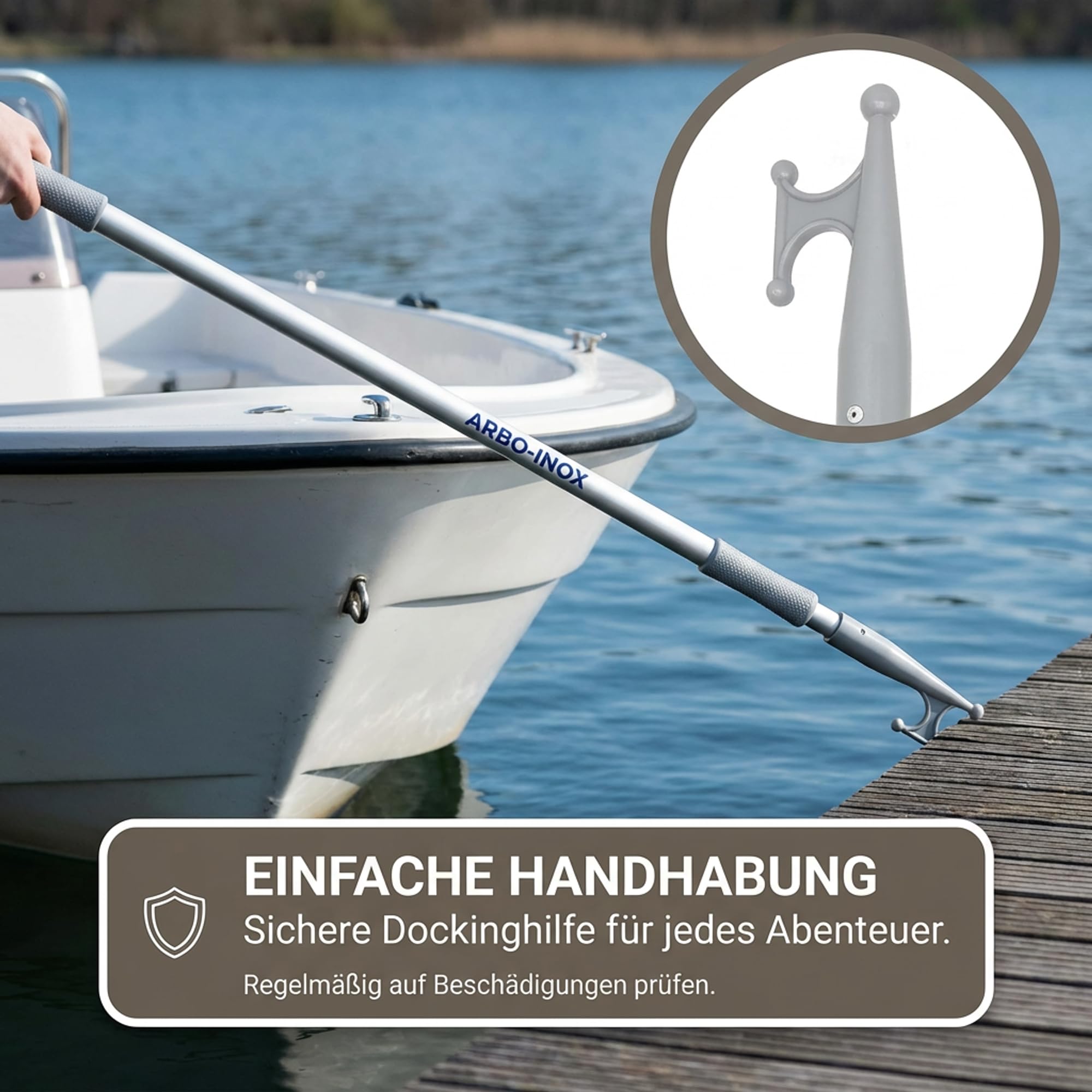 ARBO-INOX Bootshaken Teleskop Schleusenhaken ALU 120-210 cm – Stabiler Aluminium-Haken – Verlängerter Arm an Bord