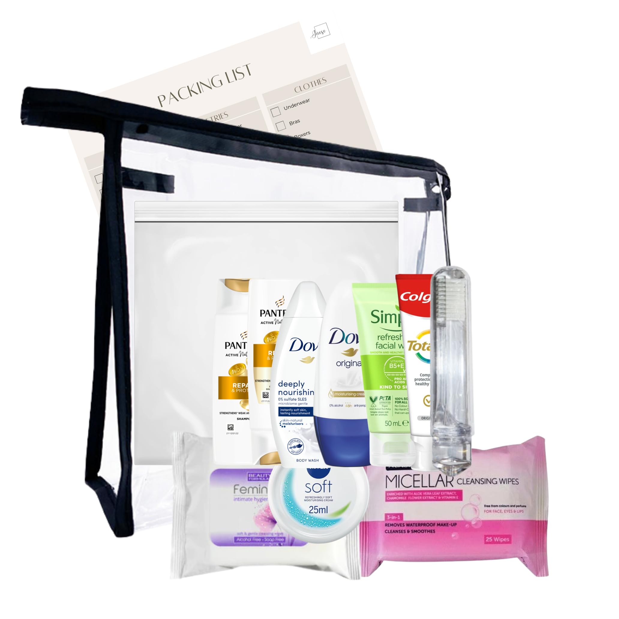 Set di articoli da toeletta da viaggio per donna, da viaggio, per viaggi, ospedale, durante il soggiorno notturno, Trasparente, Borsa da toilette da viaggio