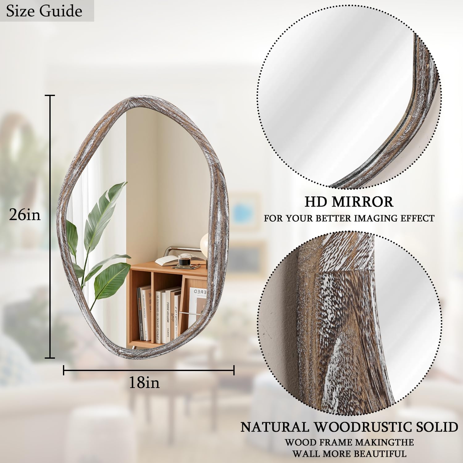 JJUUYOU Large Asymmetrical Mirrors Irregular Bathroom Wall Mirror 26"x18" Wooden Frame Modern Decorative Mirror for Makeup Bathroom Living Room,Brown