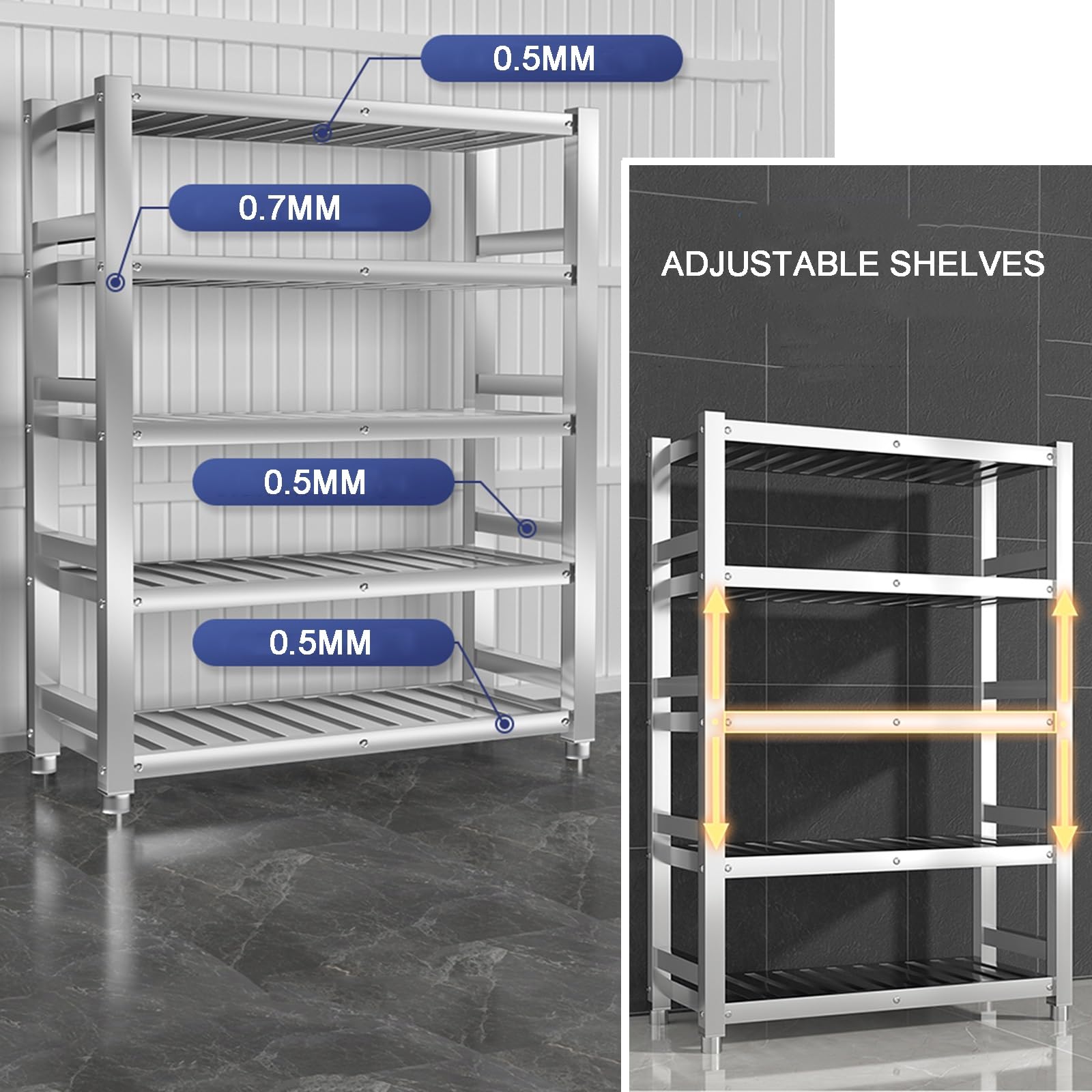 Scaffale industriale a 4 ripiani in acciaio inox, regolabile, in metallo, per cucina, garage, ufficio, ristorante, resistente, capacità di carico 100 kg, 70 x 60 x 150 cm