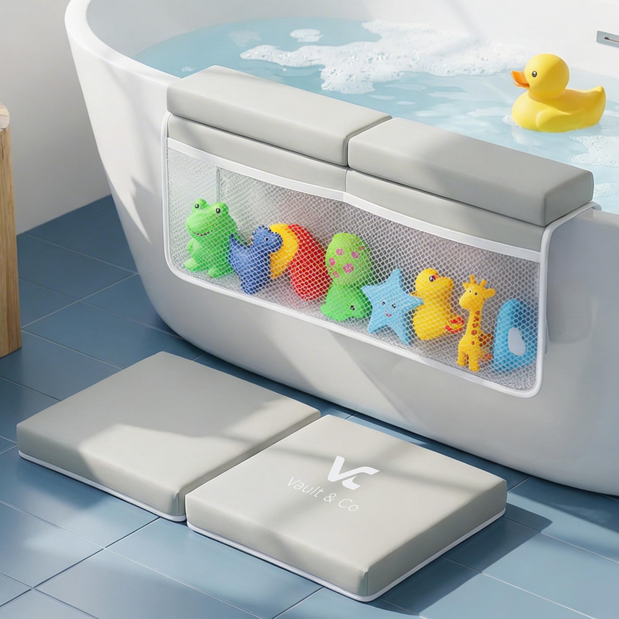Photo 1 of Vault & Co Bath Kneeler and Elbow Rest Pad Set – Extra Thick 1.5” Cushioned Baby Bath Kneeling Pad, Non-Slip Mat with Quick Dry Cover Storage Pockets, Waterproof Support & 5 Fun Bath Toys