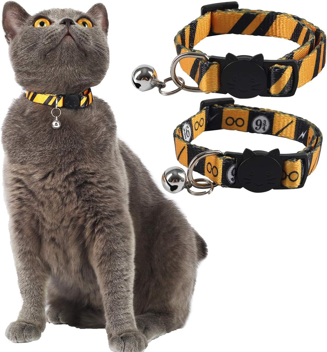 Coomour 2PCS Halloween Cat Collar Safely Breakaway Magic Stripe Pattern Adjustable Kitty Collars with Cute Bell for Cats Kitten (Yellow)