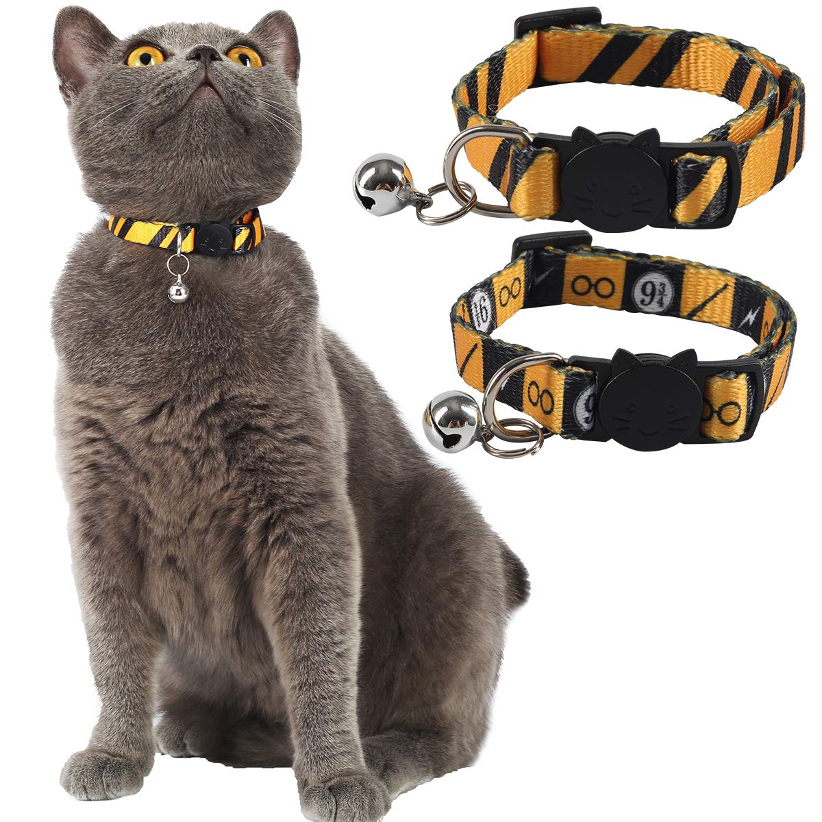 Coomour 2PCS Halloween Cat Collar Safely Breakaway Magic Stripe Pattern Adjustable Kitty Collars with Cute Bell for Cats Kitten (Yellow)