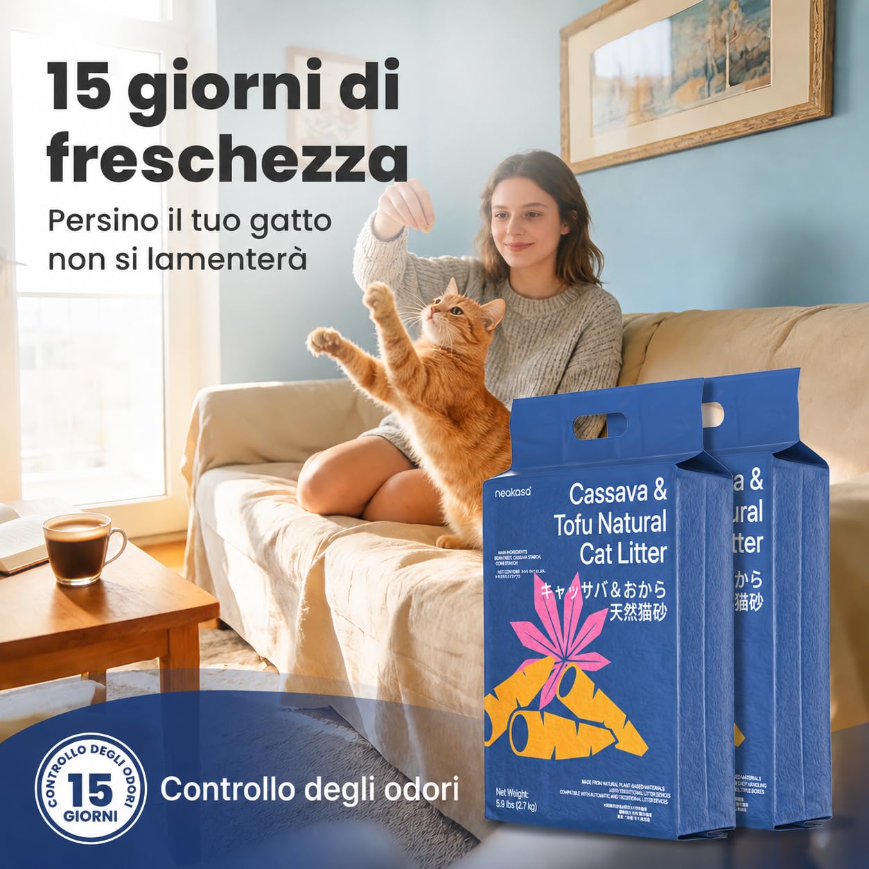 Neakasa Lettiera per gatti in manioca e tofu, agglomerante, controllo degli odori, ingredienti naturali vegetali, ultra assorbente e ad asciugatura rapida, bassa polvere