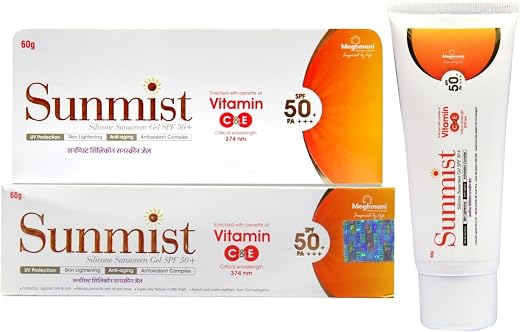 KMAY Sunmist Silicone Sunscreen Gel SPF 50 PA+++ with Vitamin C &amp; E | Broad Spectrum UVA UVB Protection | Lightweight Non-...