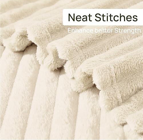 Miniatura 5 de Geniospin Manta de forro polar marfil, 280 GSM, extra suave, ligera, con tiras, mantas acogedoras y mullidas para sofá, cama, acogedora, cálida y