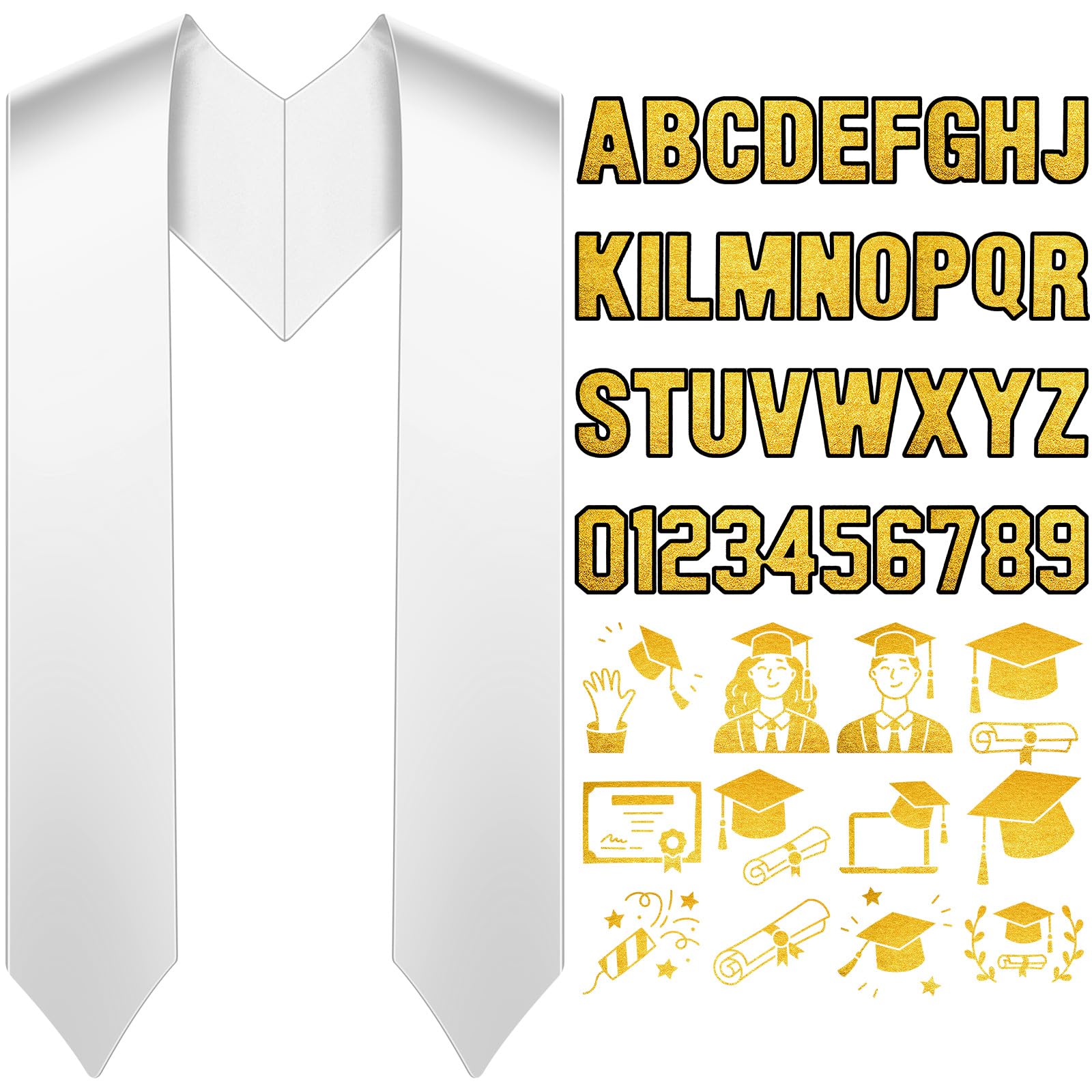 Thiccywoov Graduation Stole 60'' 2025 Grad Shawl Strap with a to Z Letters 0 to 9 Graduation Pattern Patch for Men Unisex