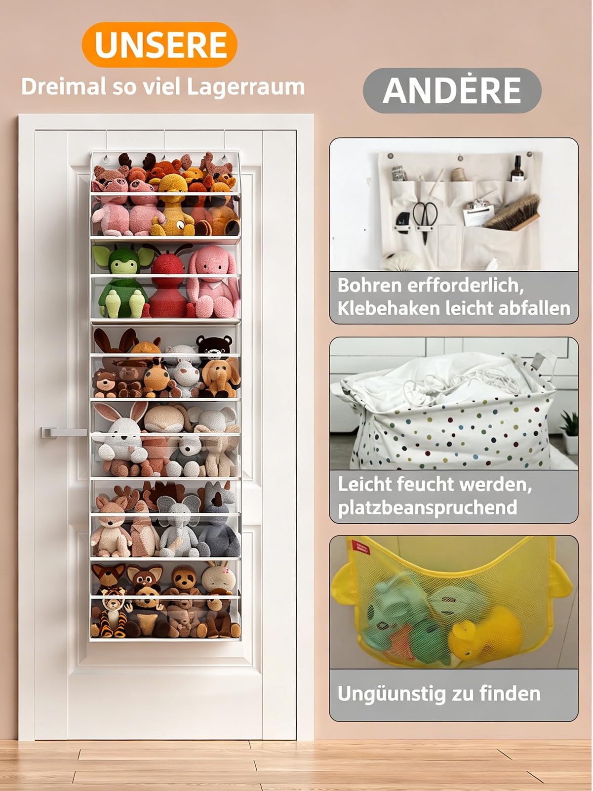 Organizzatore sospeso per porta – 6 piani per animali di peluche, organizzatore da bagno e conservazione, organizer da appendere per giocattoli/articoli per bambini (trasparente)