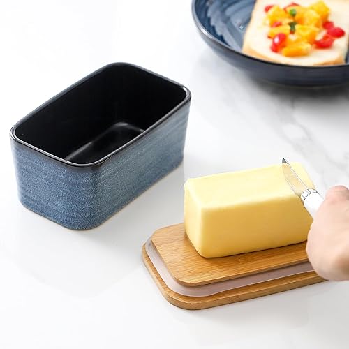 Miniatura 6 de Hasense Mantequera de cerámica con tapa de bambú, recipiente grande para mantequilla y cuchillo, elegante soporte para mantequilla para encimera de