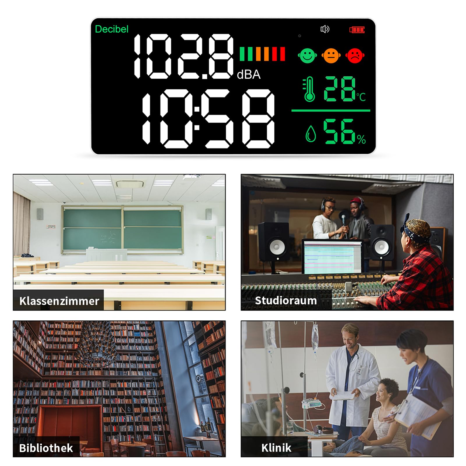 5-in-1 Dezibel Messgerät Wandmontage DB Messgerät Schallpegelmessgerät 43-130dB 11" Große LED-Anzeige Lärm-, Zeit-, Temperatur- & Luftfeuchtigkeit messgerät für Zuhause (Db Messgerät-2000mah)