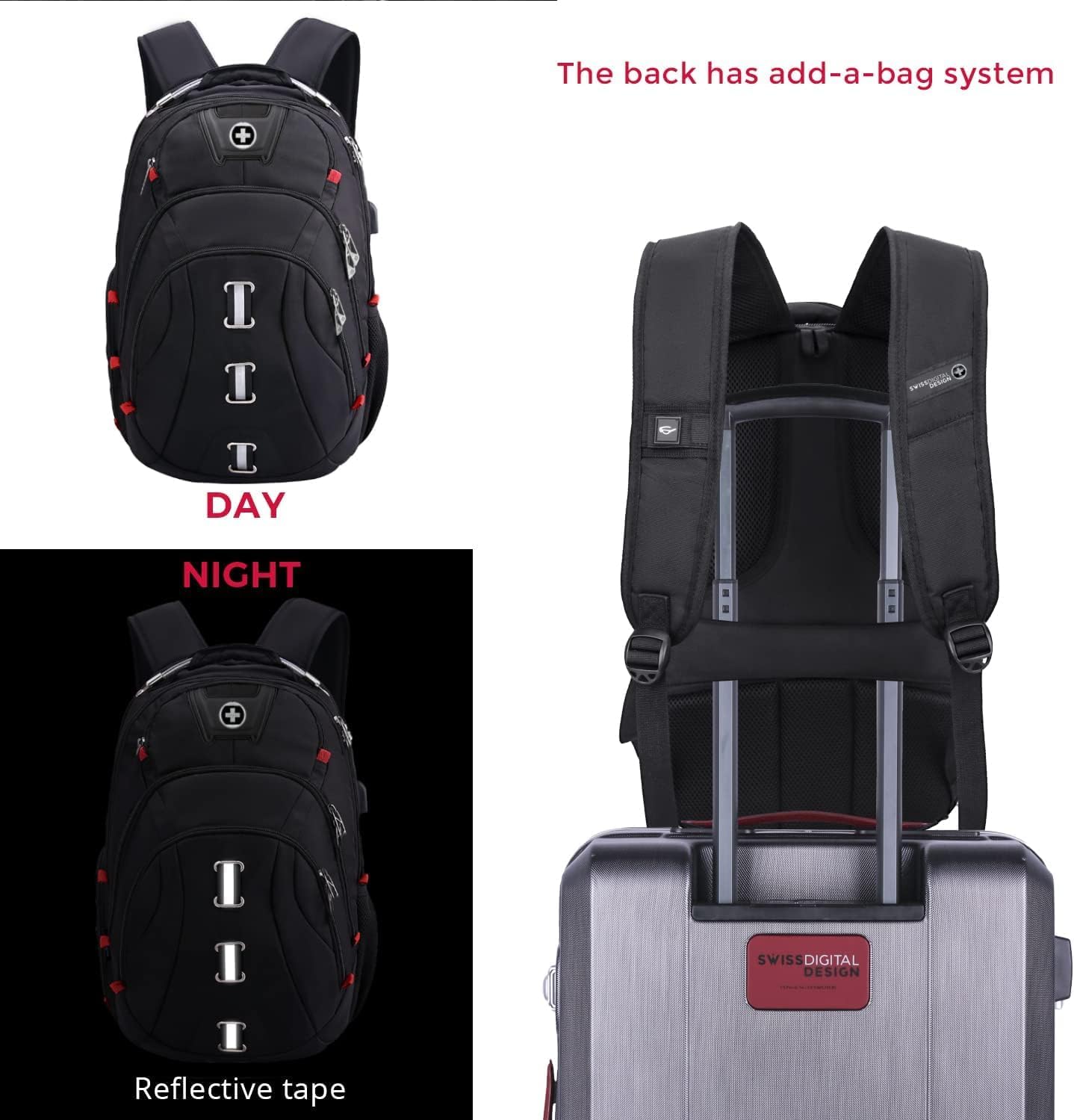 Swissdigital Design Travel Laptop Backpack, College Backpack For men with USB Charging Port Smart Bag with RFID Fits 15.6 Inch Notebook | PIXEL