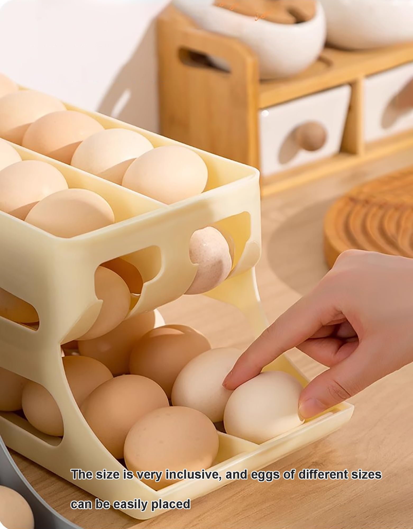 Organizador de huevos for refrigerador, dispensador automático de huevos, capacidad for 43 huevos simultáneamente, estante for huevos de gran capacidad for gabinetes de cocina(Beige)
