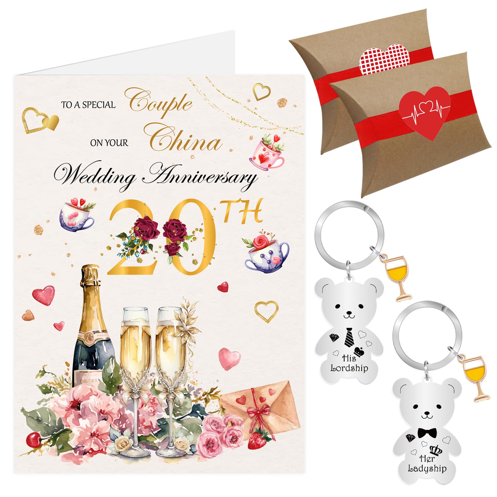 20th Wedding Anniversary Card, China Wedding Anniversary Cards, 20 Years Anniversary Card, Twentieth Anniversary Keyring Gifts for Couple (20th)