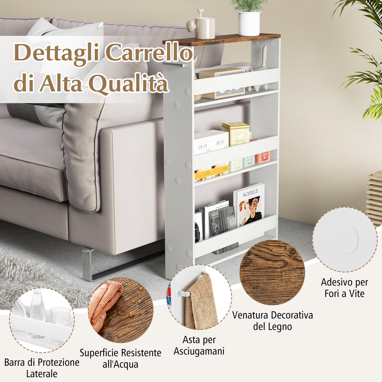 GYMAX Carrelli Portaoggetti a 4 Ripiani, Carrello con Ruote Salvaspazio con Maniglia, Carrello a Scaffale Slim Stretto in Legno per Cucina, Bagno, Lavanderia, 47,5 x 13 x 80,5 cm (Bianco+Marrone)