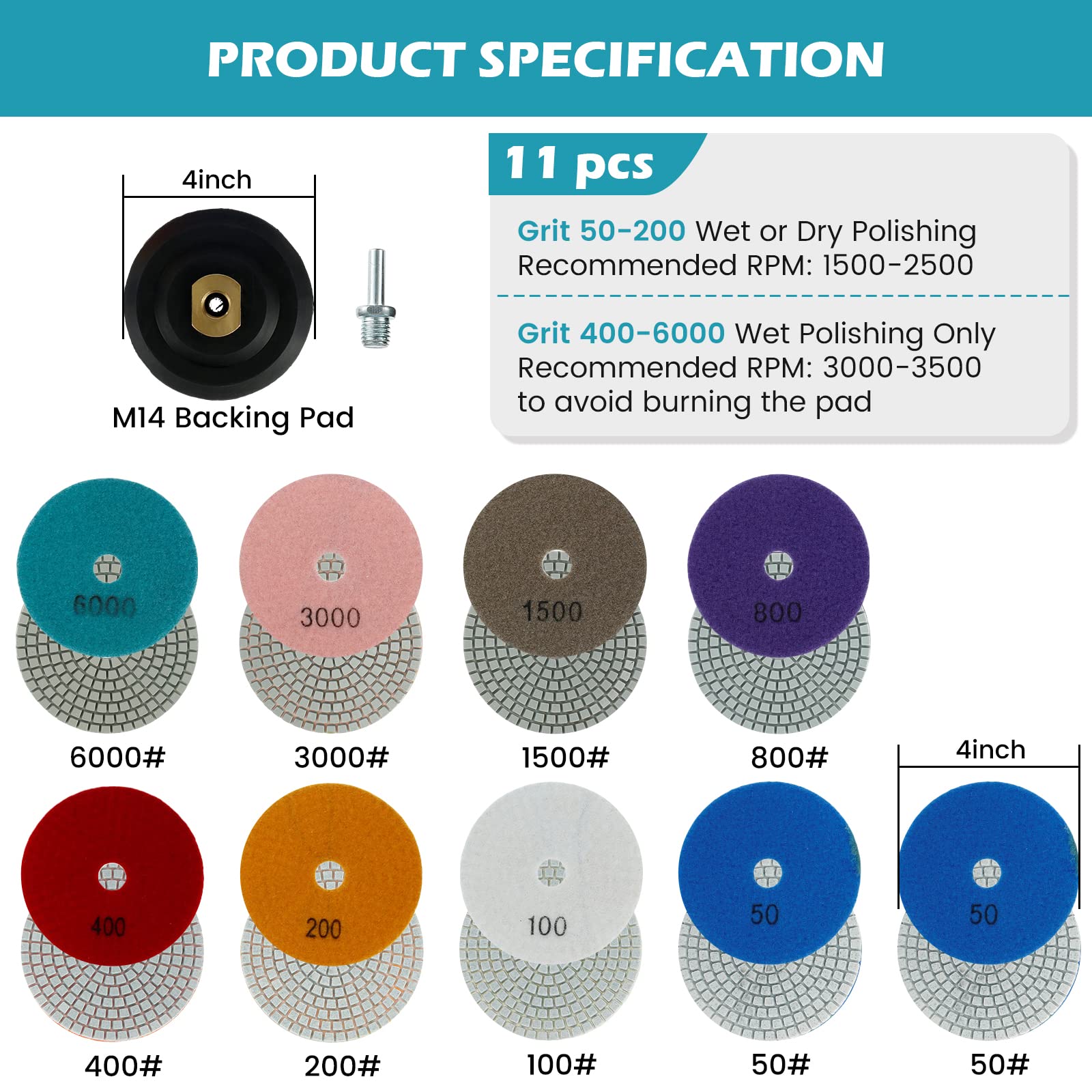 4" STADEA Wet/Dry Diamond Polishing Pads For Granite Marble Concrete Stone Travertine Polishing - Any Grit