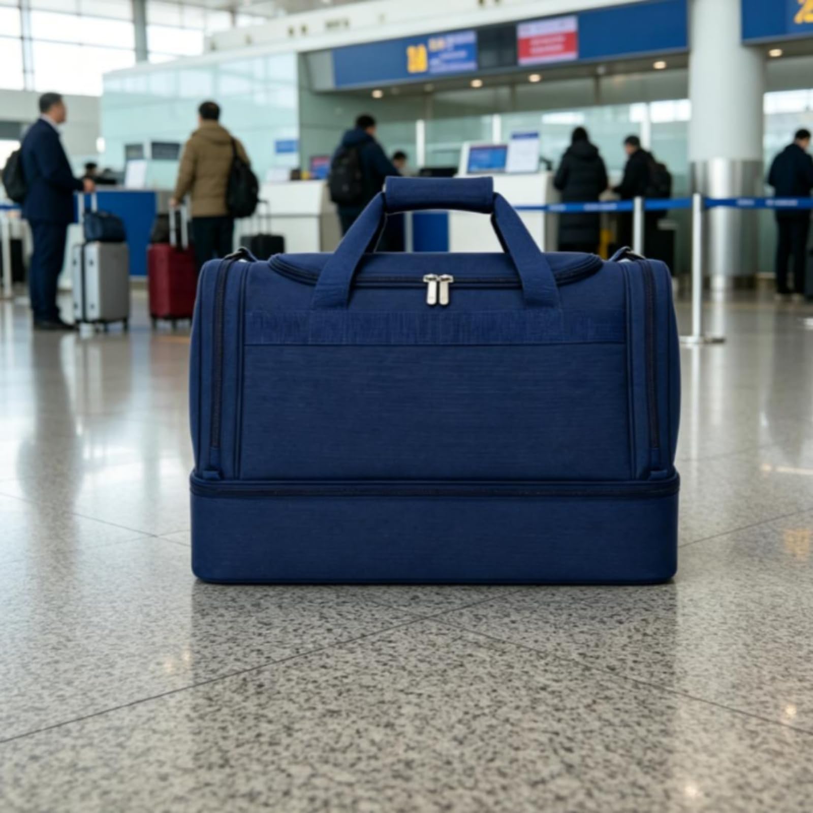 Borsone Viaggio Rettangolare Separazione Asciutto-Bagnato Borsone con Scomparto Separato Tessuto Oxford Borsa a Doppia Cerniera, Array, Blu Scuro, L