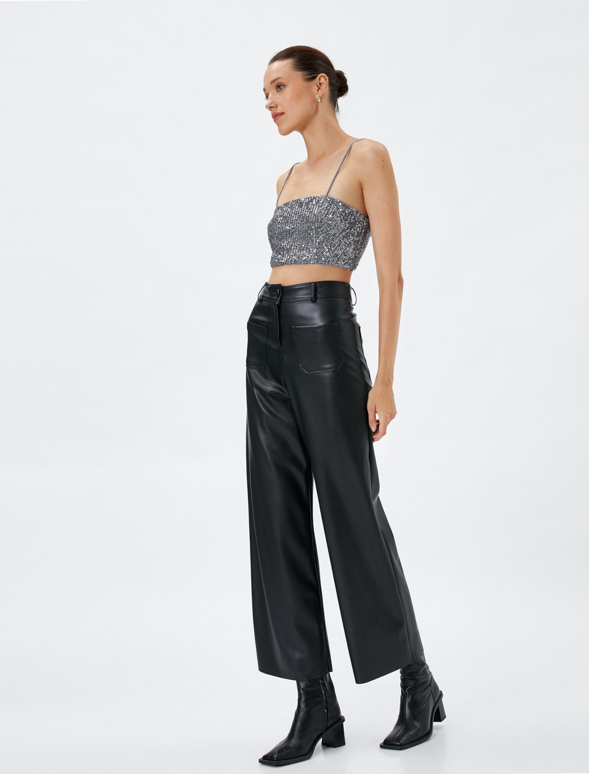 Koton Crop Tank Top Sequined Spaghetti Straps Slim Fit Camiseta para Mujer