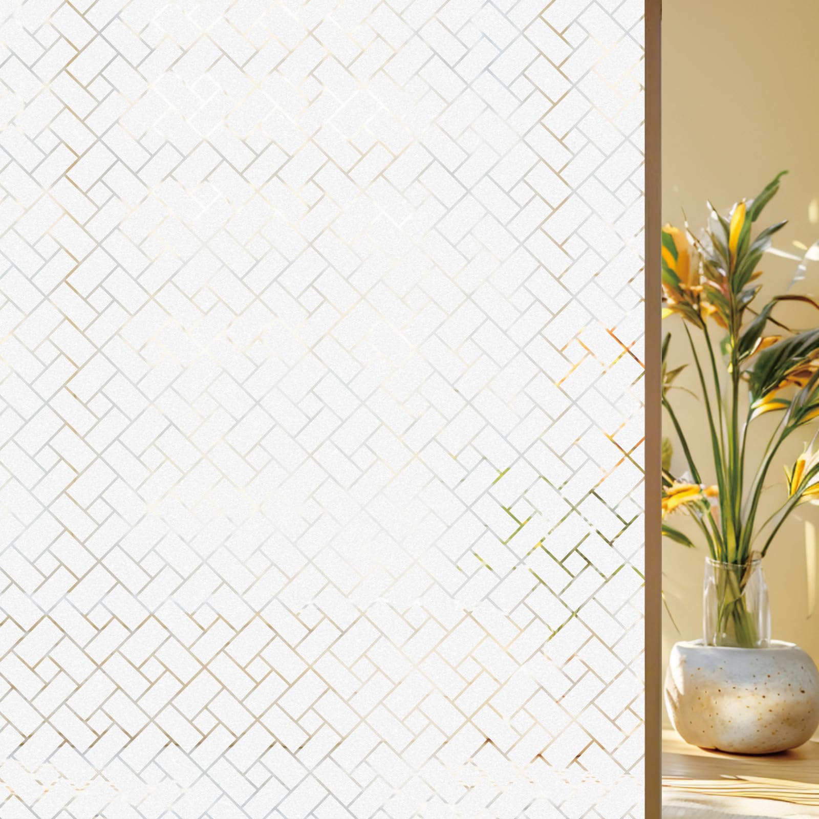 Privacy Window Film 120 x 460 cm Non-Adhesive Static Cling Removable Vinyl Heat Cotrol, Privacy Protection, Anti UV Clings Blackout Window for Kitchen, Oblique Grid