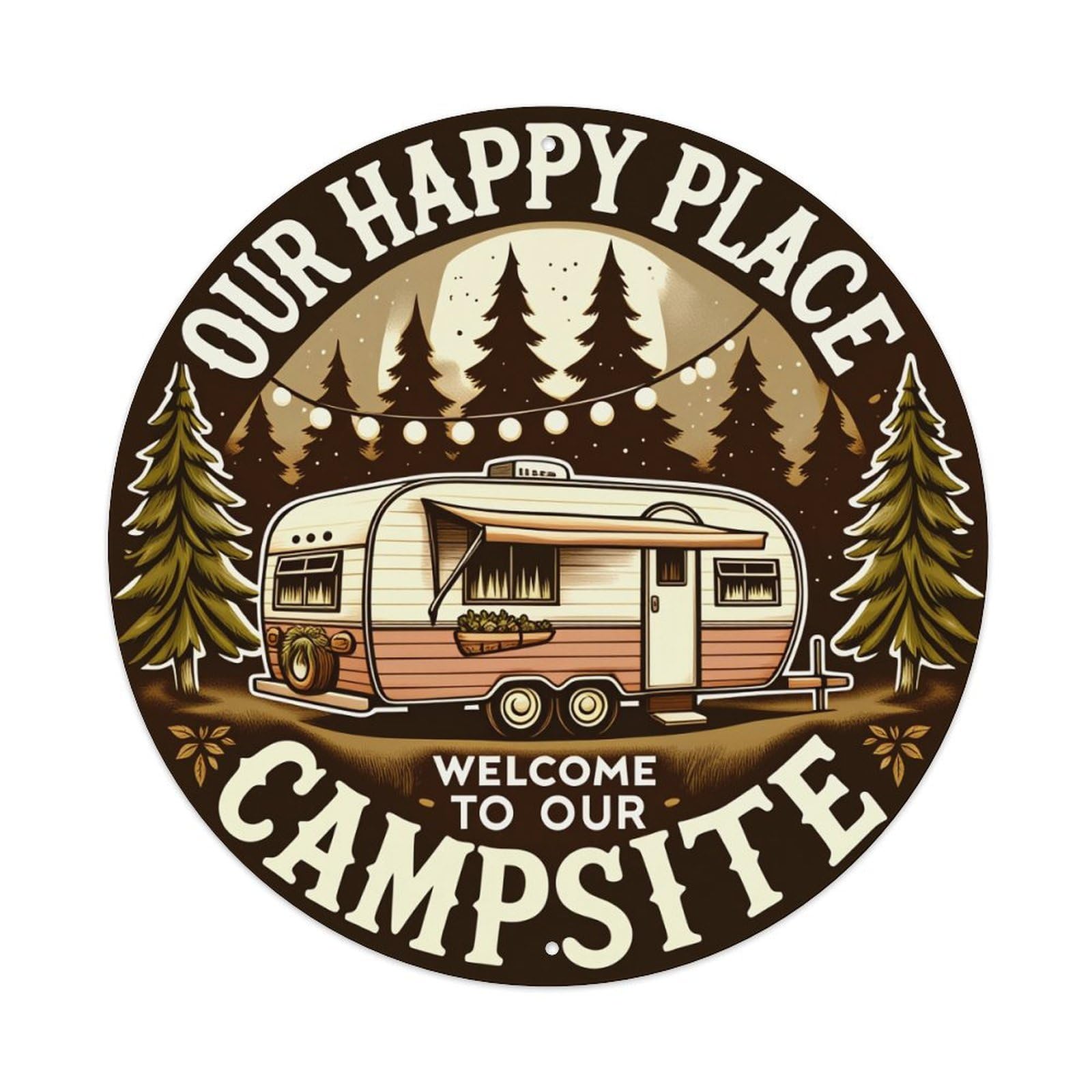 Retro Camper Forest Moonlight Lights Round Tin Sign Retro Metal Sign for Cafe Bar Pub Home Game Room Gym Club Wall Decoration Vintage Metal Poster 8x8 Inch