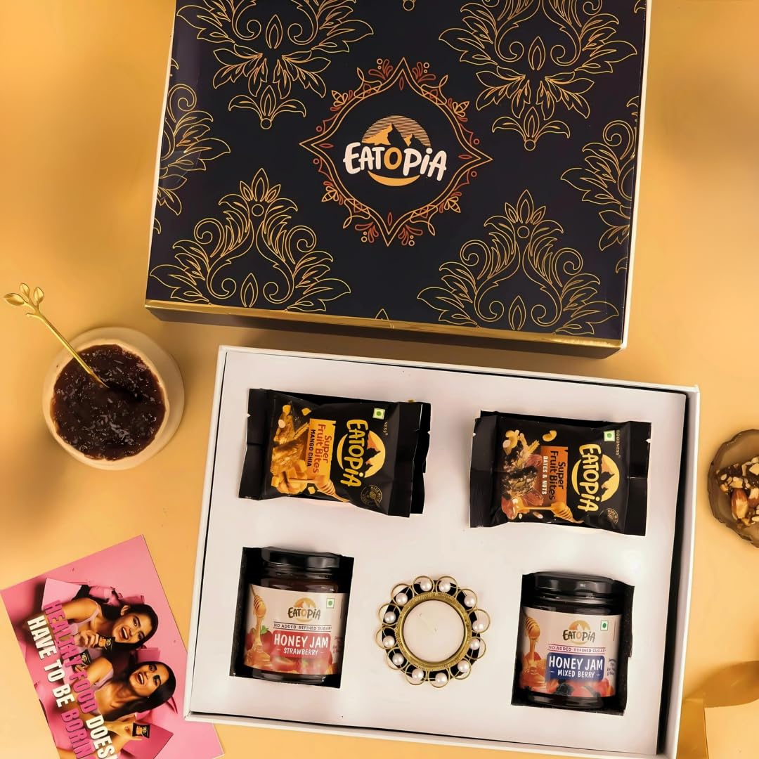 Eatopia Premium Healthy Snacks Combo Gift Hamper | Strawberry Honey Jam | Mixed Berry Honey Jam | 3 Dates & Nuts Fruit Bites and 3 Mango Chia Fruit Bites | Gift Hamper Box for Men & Women | 10 Items 2
