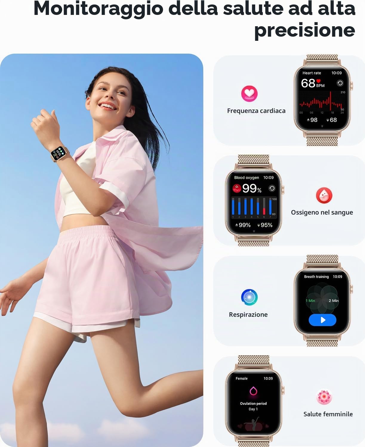 Smartwatch Donna, 1.83” Orologio Smartwatch con Chiamata Bluetooth, 100+ Sport Fitness Tracker con Frequenza Cardiaca SpO2 Sonno, IP68 Impermeabile, Smart Watch per iOS & Android, Oro Rosa