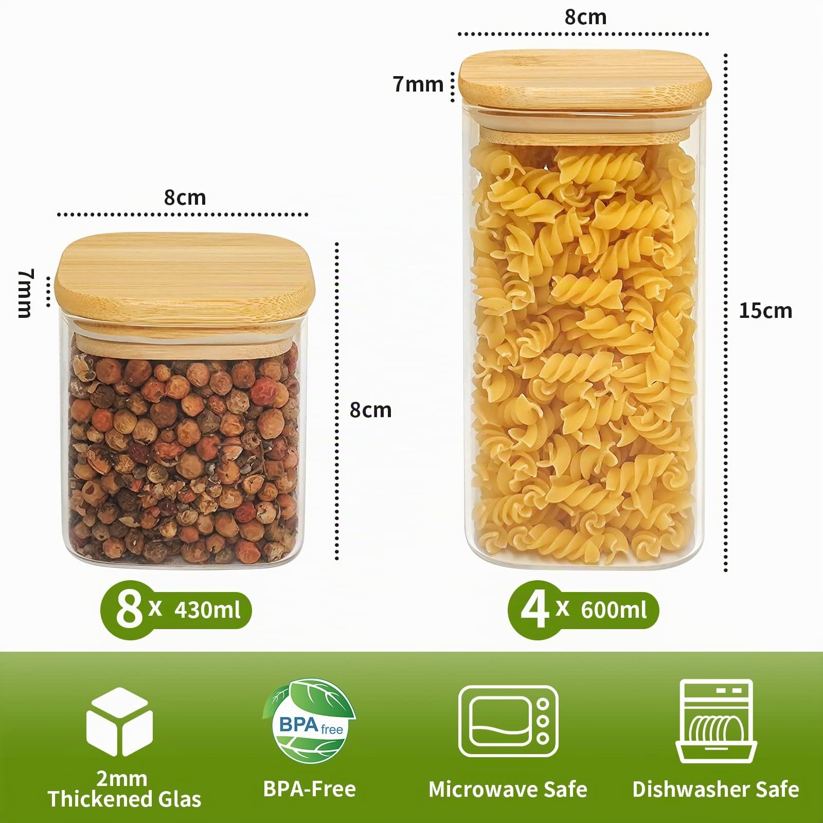 Withosent Lot de 12 bocaux de conservation carrés en verre avec couvercle en bois 430/600 ml avec couvercle
