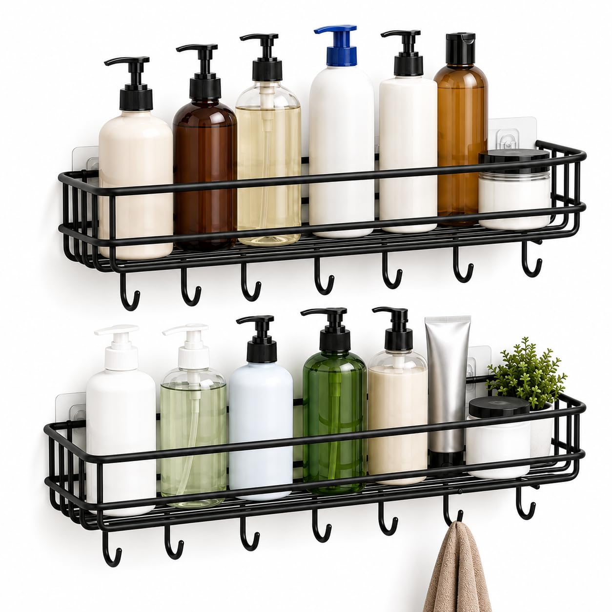 PUREBIN Self Adhesive Bathroom Shelf with 4 Hooks(Pack of 2) | Metal Wall Mounted Bathroom Organizer | No Drill Bathroom Rack | Rust Resistant Storage Shelf for Shampoo, Soap & Accessories, Black-image-47