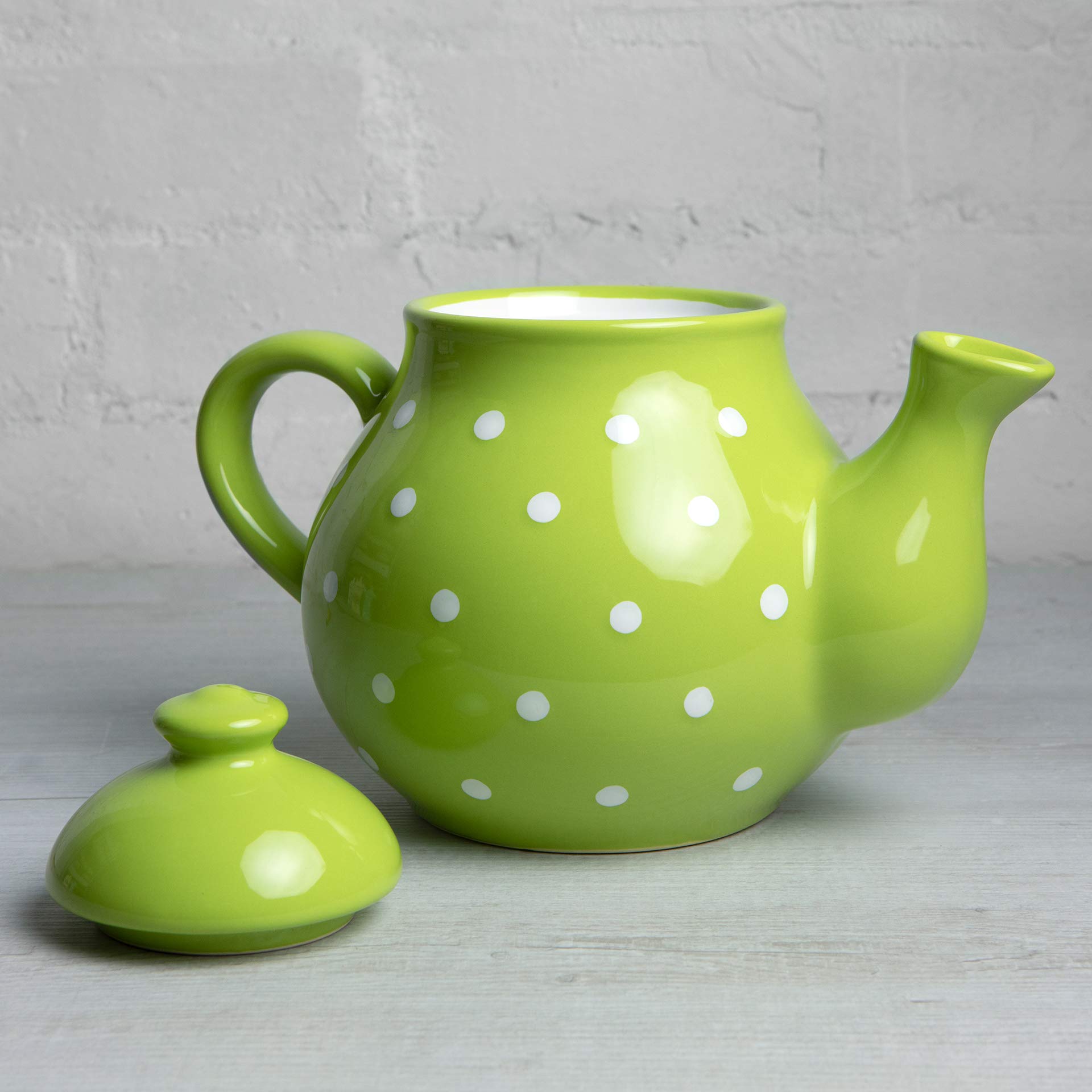 City to Cottage® Teiera Grande con Coperchio e Manico da 1,7l|4-6 Tazze di tè o tisana | Realizzata e Dipinta a Mano in Ceramica | Fantasia a Pois Verde Lime e Bianco