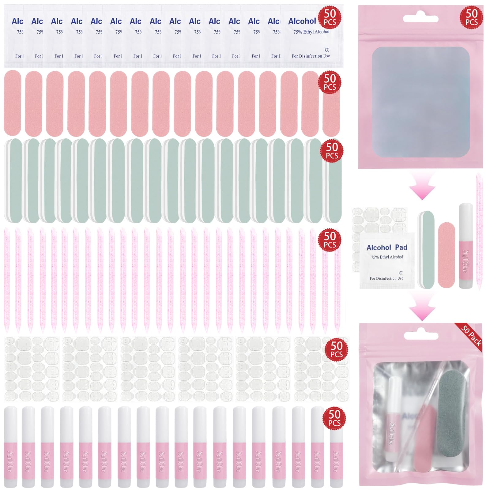 50 Set Press on Nail Tool Kit: Nail Prep Kit for Press on Nail Application with Glue,Adhesive Tabs, Mini File, Buffer, Acrylic Sticks, Prep Pads,