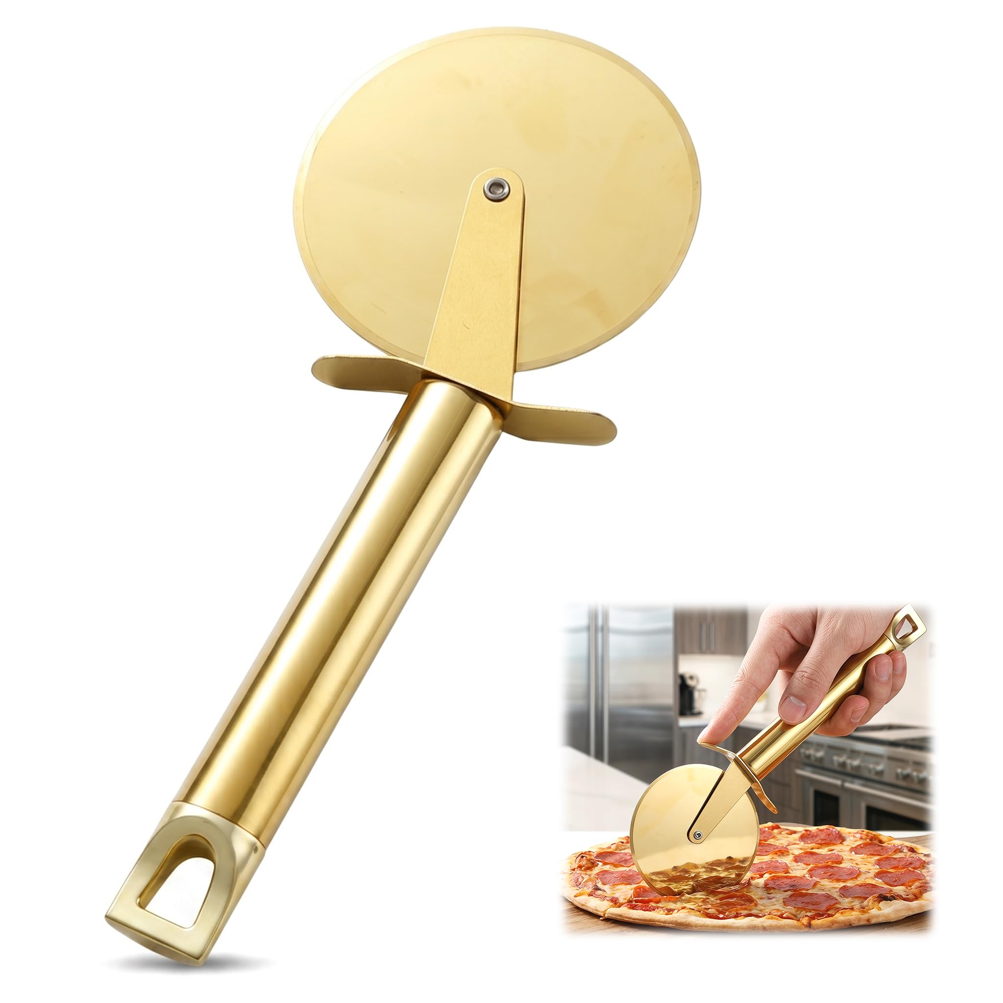 Cortador de Pizza, Corta Pizza Profesional, Pizzas Cutter, Cortapizzas Profesional de Acero Inoxidable, Rueda Cortadora de Pizzas de Acero Inoxidable, para Pizzas, Pasteles, Masa (Dorada)