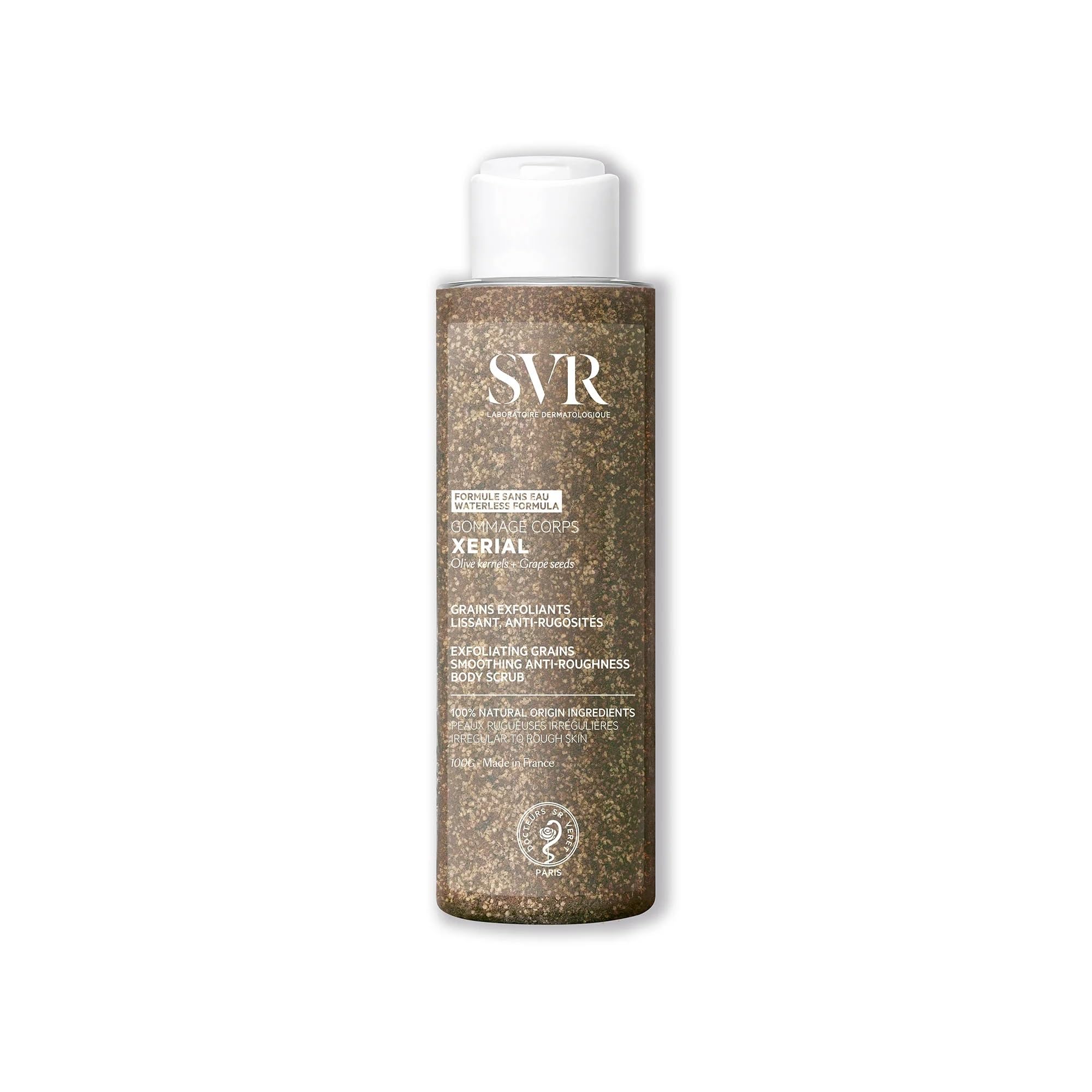 SVR - Xérial Gommage Corps - Exfoliant lissant anti-rugosités - Pour peaux sèches, rugueuses et sujettes aux poils incarnés - Noyaux d'olive & pépins de raisin 100% naturels - 100 g