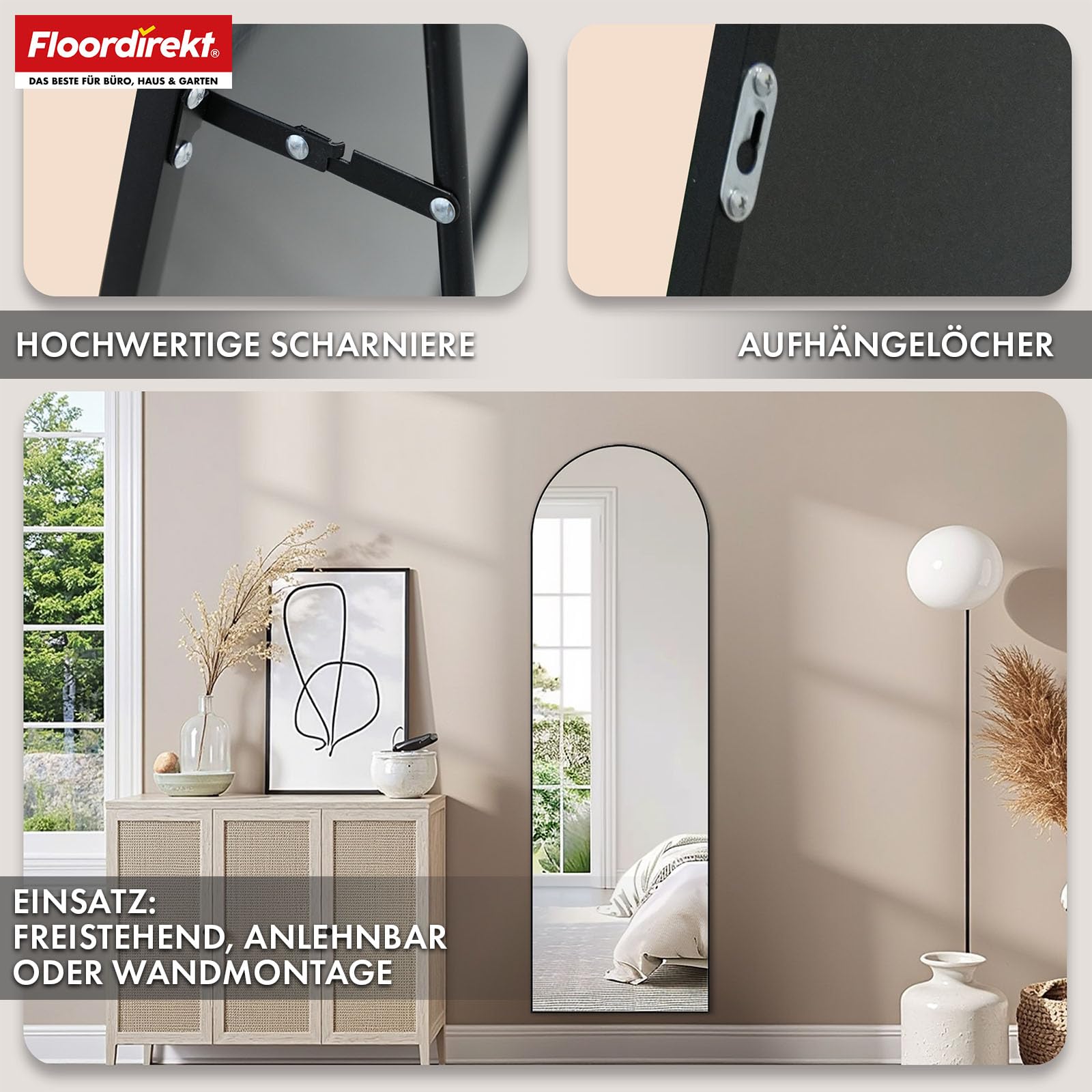 Floordirekt Ganzkörperspiegel, 161 x 52 cm, gewölbter Standspiegel, Rahmen aus Aluminiumlegierung, Hartglas, für Schlafzimmer, Wohnzimmer, Garderobe, schwarz Madison