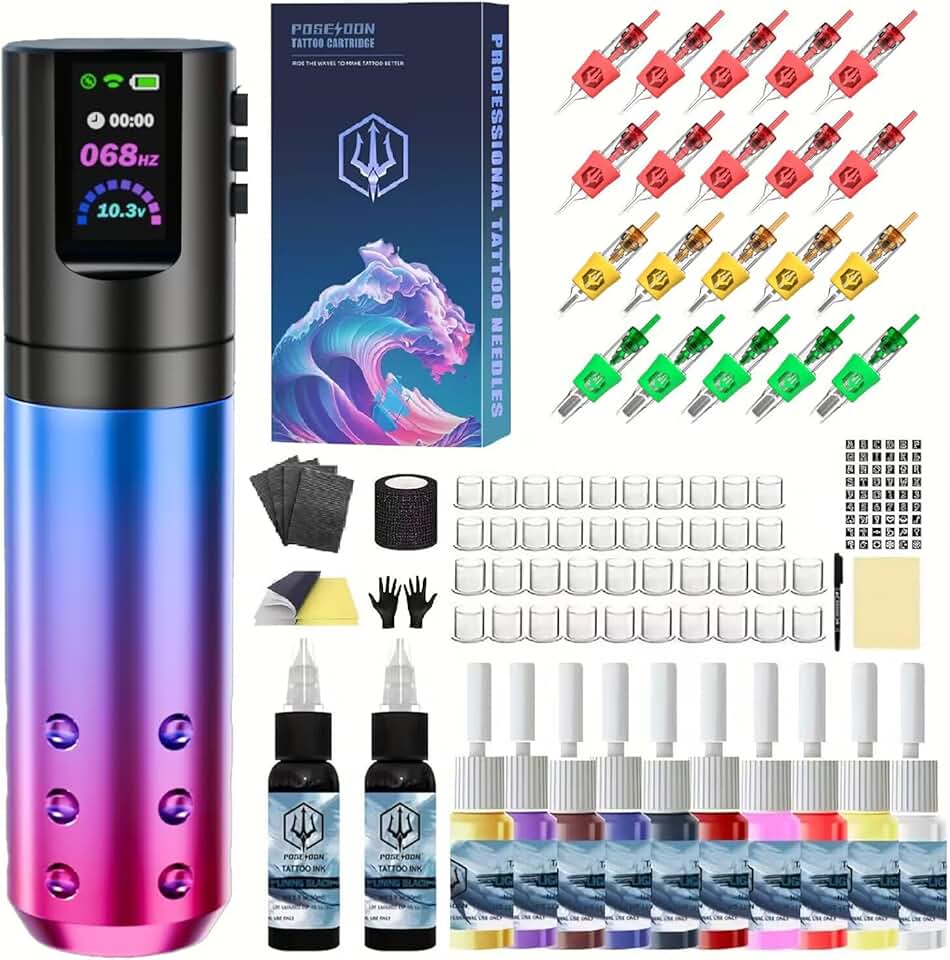 POSEIDON Wireless Tattoo Gun Kit for Beginners, Complete Tattoo Pen Machine Kit with 1800mAh Battery, 20 Cartridge Needles, Black & Color Ink Set, Full Tattoo Kit for Practice, Artists & Starters