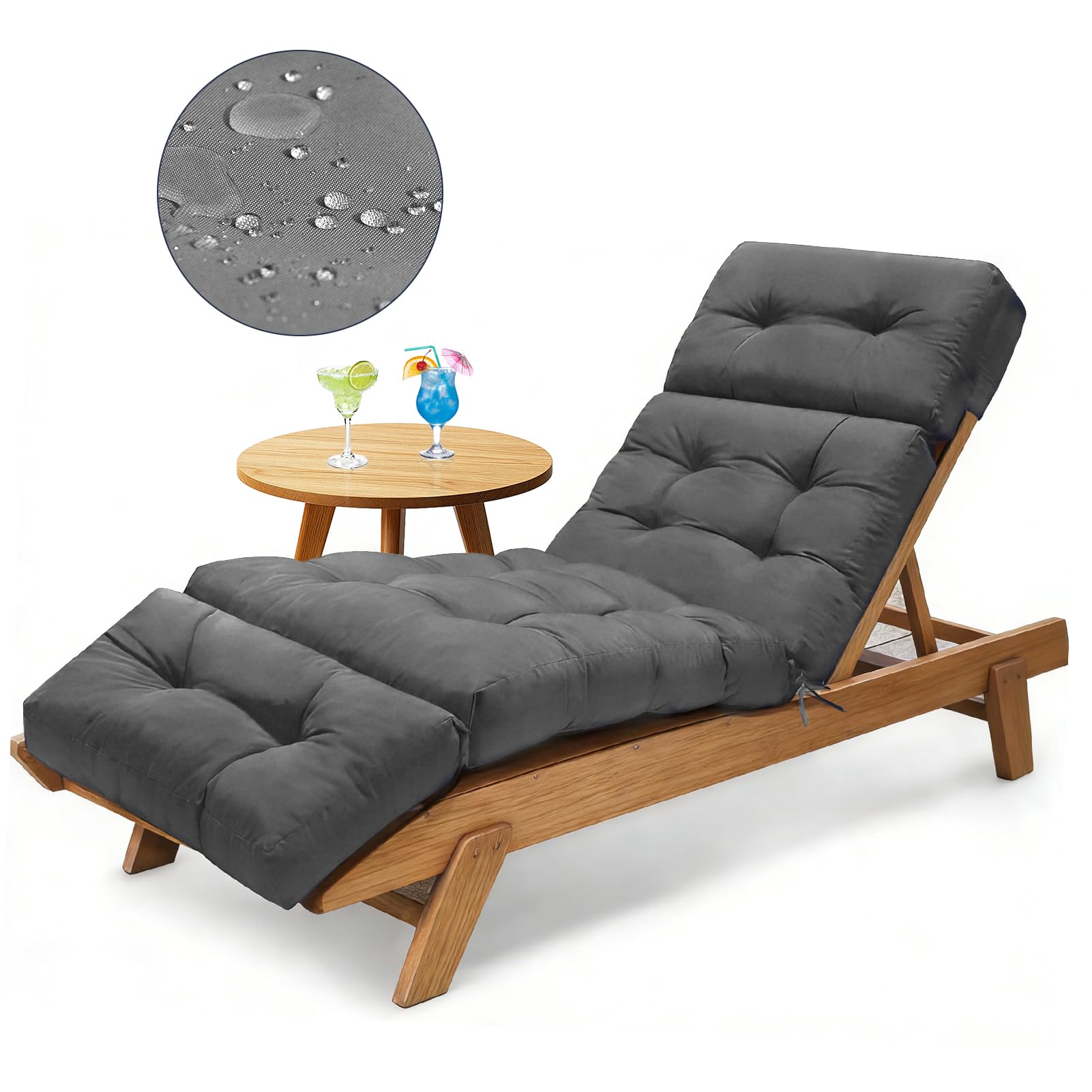 Outdoor Chaise Lounge Chair Cushion, 100% Waterproof Lounge Chair Cushions for Outdoor Furniture, 75.1 x 22.8 x 4.7 Inches Replacement Thickened Pool Lounges Chairs Cushions with Ties, Black — view 9
