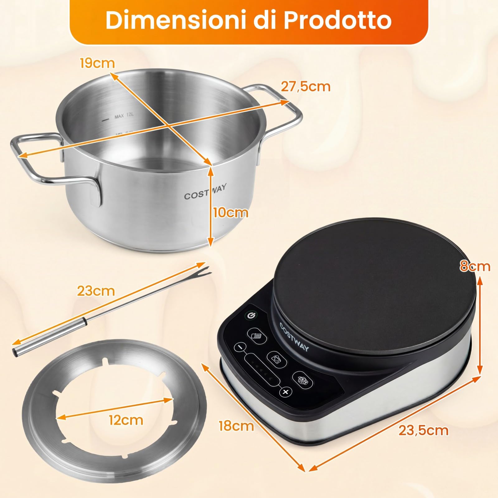 COSTWAY 3 L Set Fonduta Elettrica, Fondue per Formaggio, Bourguignonne, Cioccolato con 6 Forchette, Pentola Antiaderente e Paraspuzzi, Temperatura Regolabile, in Acciaio Inox, Rimovibile e Lavabile