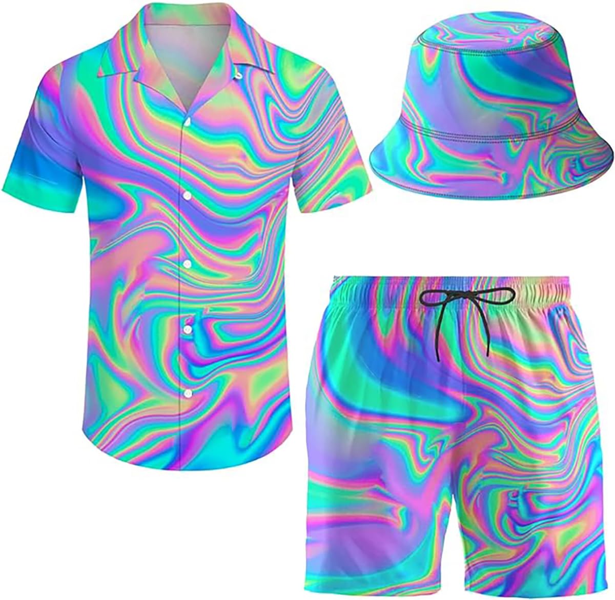 Wdpsuxin Men'S 2 Piece Tracksuit Hawaiian Shirt Shorts Button Down Shirt And Shorts Sets With Bucket Hats, Psychedelic Trippy, XXL