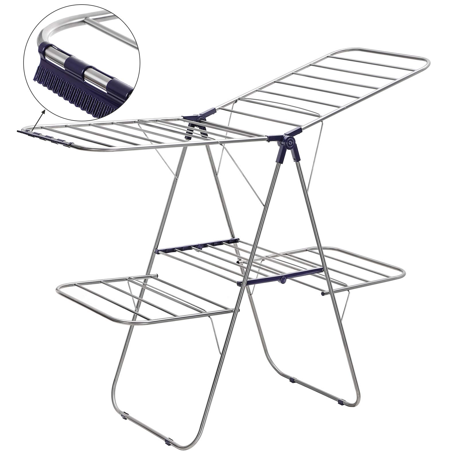 SONGMICS Clothes Drying Rack, Foldable 2-Level Stable Indoor Airer, Free-Standing Laundry Stand, with Height-Adjustable Gullwings, for Bed Linen, Clothing, Socks, Scarves, Blue