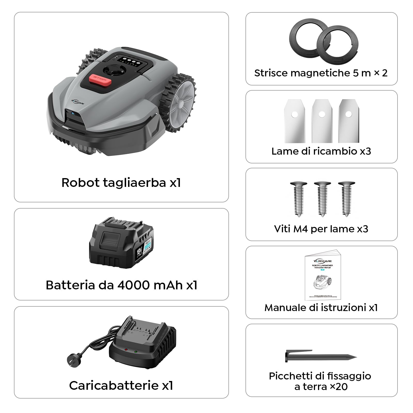 YARDCARE V3 robot tagliaerba senza cavo perimetrale, navigazione visiva, rilevamento di 150+ ostacoli e controllo tramite app, 50 dB, robot tagliaerba per giardini piccoli e medi, strisce magnetiche