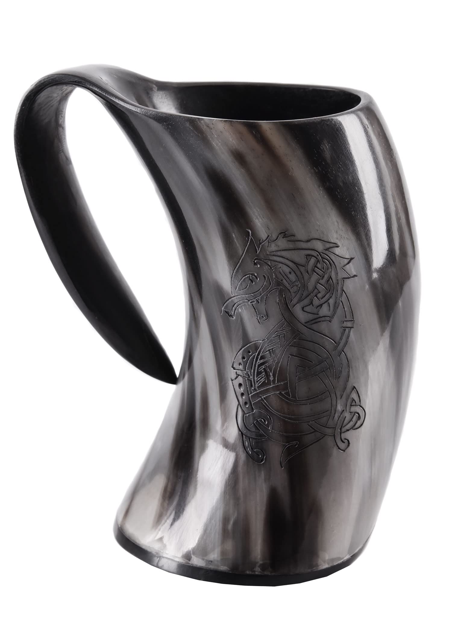 Battle-Merchant | Wysokiej jakości kufel do piwa Wikingów z rogu z motywem Fenrir | Grawerowany kufel Horn Fenriswolf | Średniowieczny kufel do piwa o pojemności do 800 ml