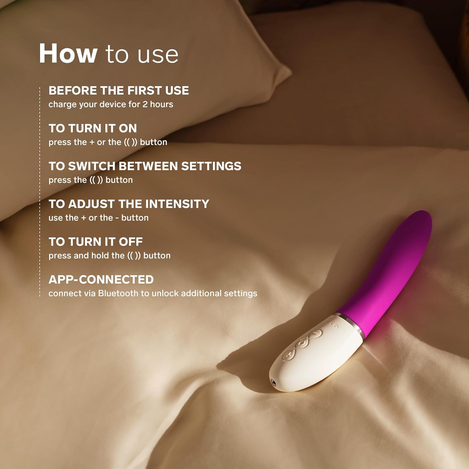 Instructions on how to use the LELO LIV 3: turn on, switch settings, adjust intensity, turn off, and app connection.