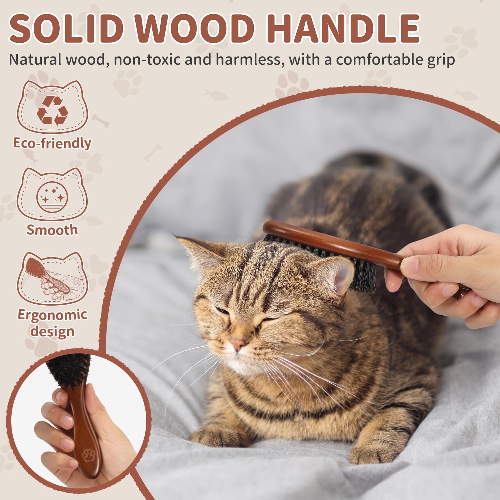 Cepillo y peine de madera para gatos, cepillo de pelo de gato con cerdas de jabalí náutrales para reducir el desprendimiento y mantener el brillo saludable, herramienta diaria de aseo de