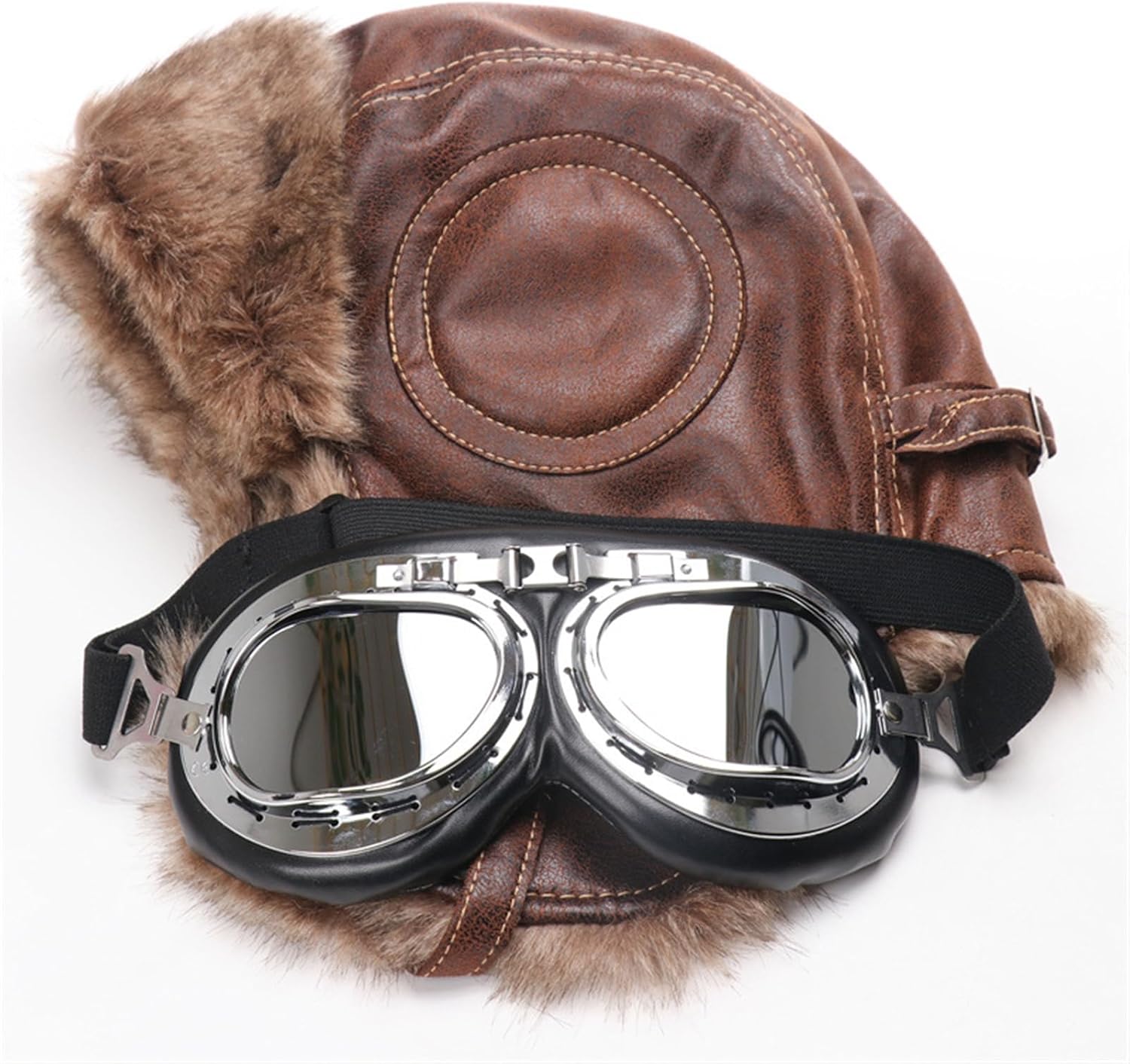 Men's Trapper Winter Hat Leather Aviator Hat with Goggles Fur Hunting Hat with Fur Ear Flaps - Image 5
