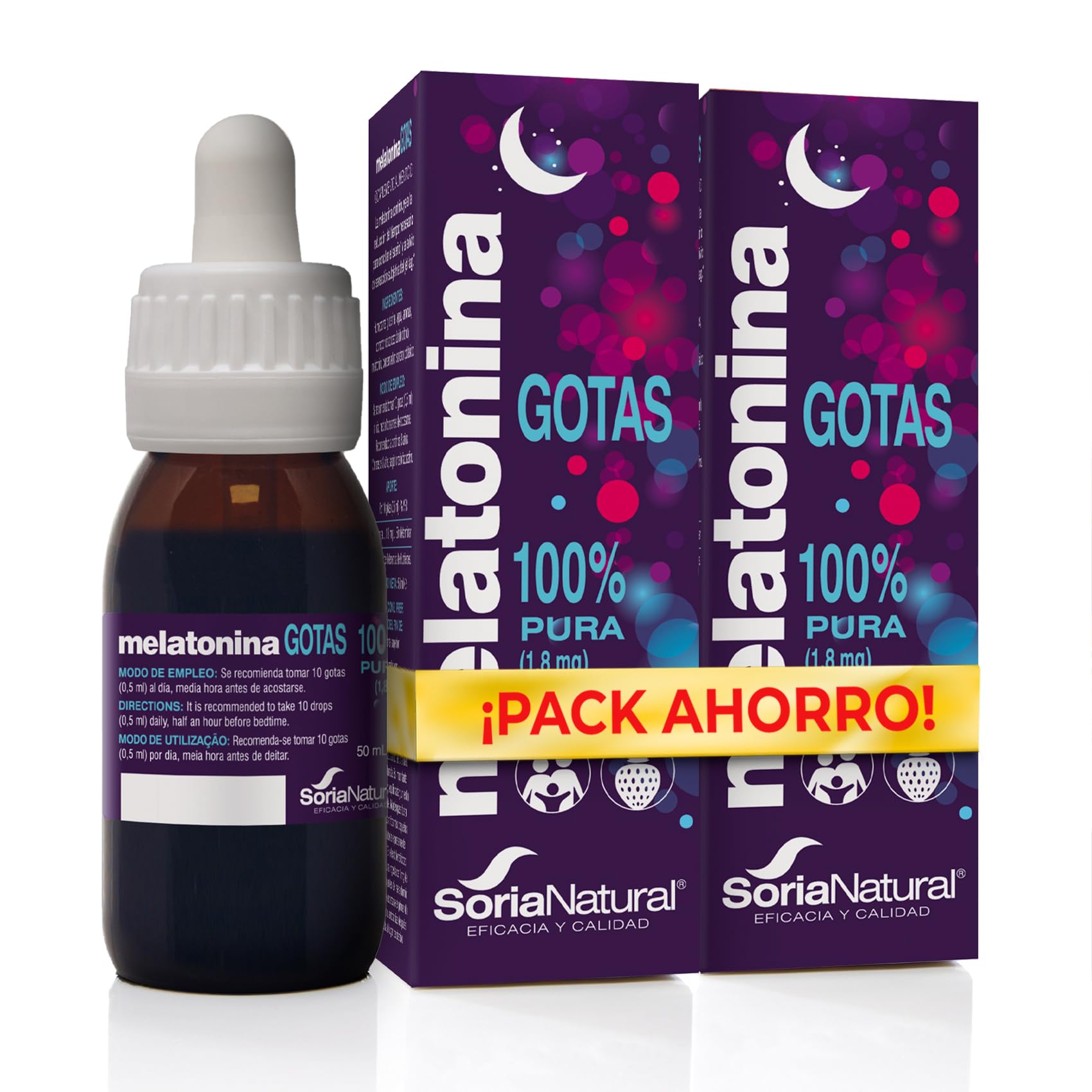 Soria Natural Melatonina Pura Gotas 1.8 mg - Sueño Melatonina Gotas para Dormir Profundamente, 100% Pura - Melatonina Niños y Adultos - 100 ml (PACK 2x50ml)