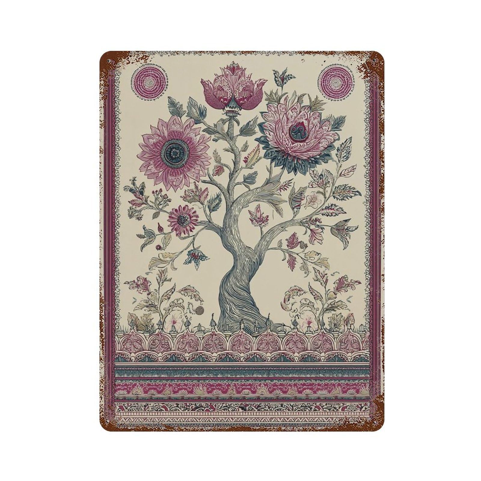 xiaoxiaoshen Mughal Tree of Life Indian Chintz Floral Botanical Wall Decor Art Metal Tin Poster Modern Home Decor Art Home Bar Shop Decorations Vintage Sign 40x30cm
